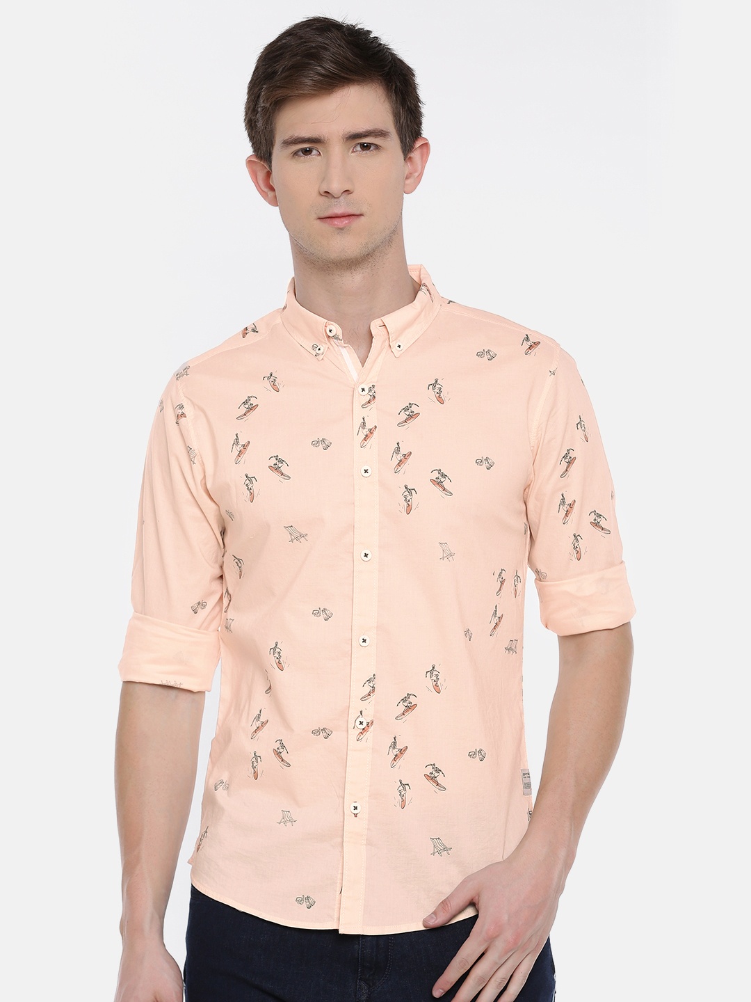 

SPYKAR Men Peach-Coloured Slim Fit Printed Casual Shirt