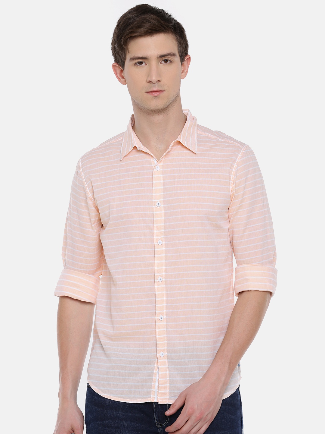 

SPYKAR Men Peach-Coloured Slim Fit Striped Casual Shirt