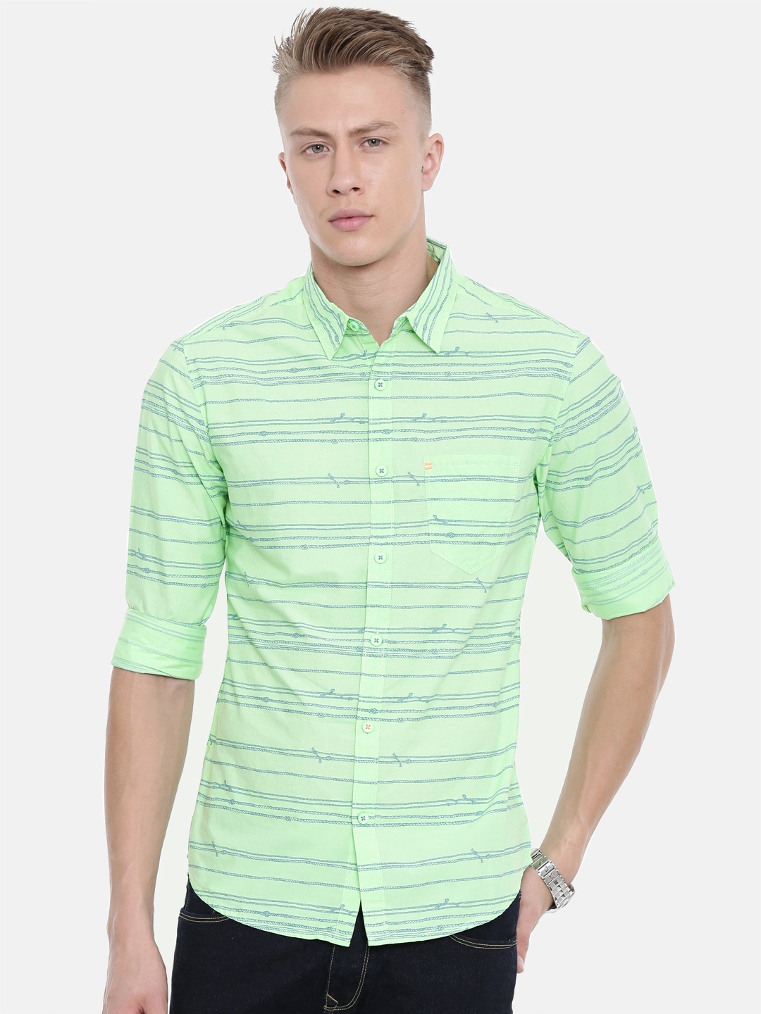 

SPYKAR Men Green & Blue Slim Fit Striped Casual Shirt