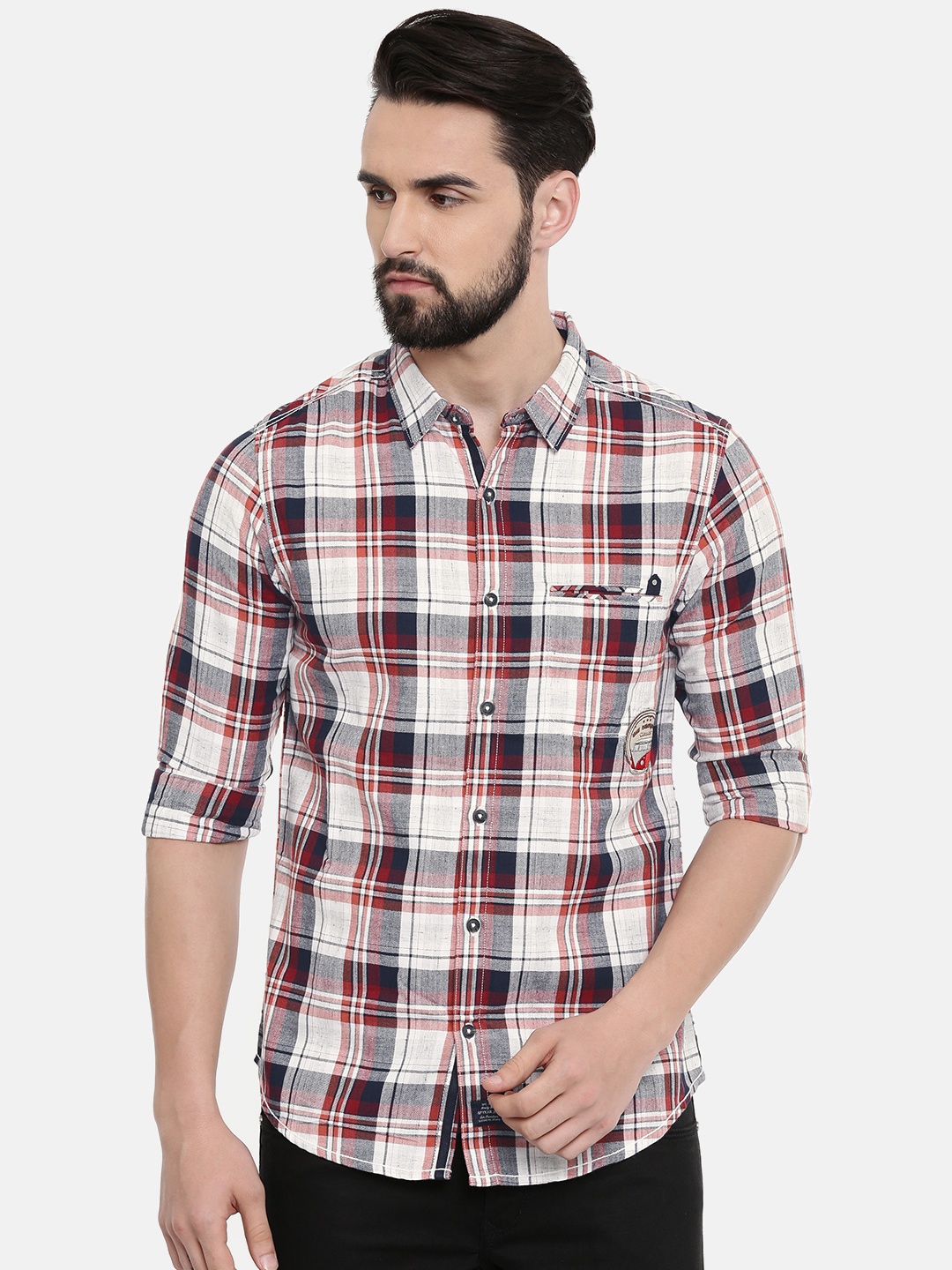 

SPYKAR Men White & Navy Blue Slim Fit Checked Casual Shirt