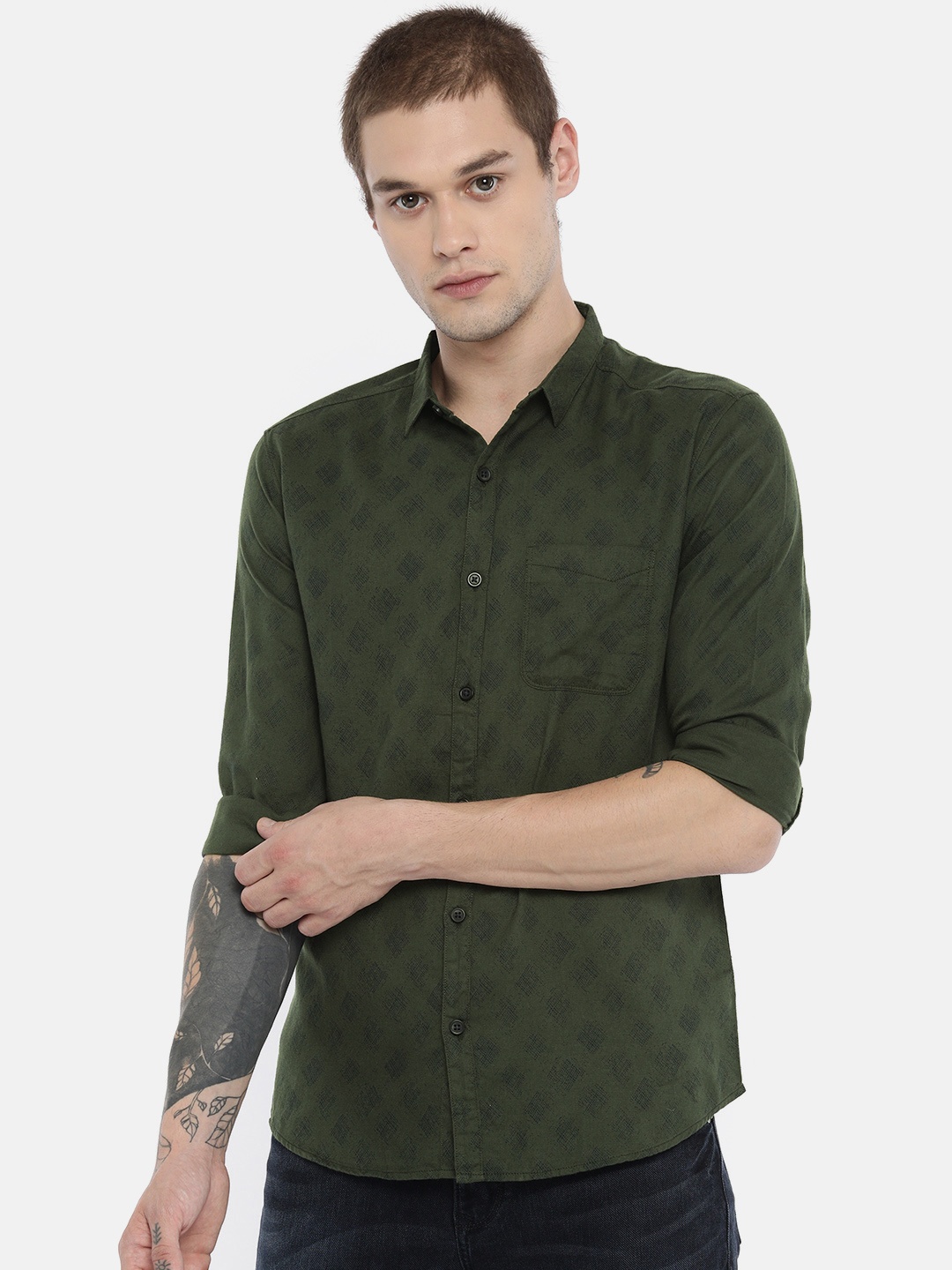 

SPYKAR Men Olive Green Slim Fit Printed Casual Shirt