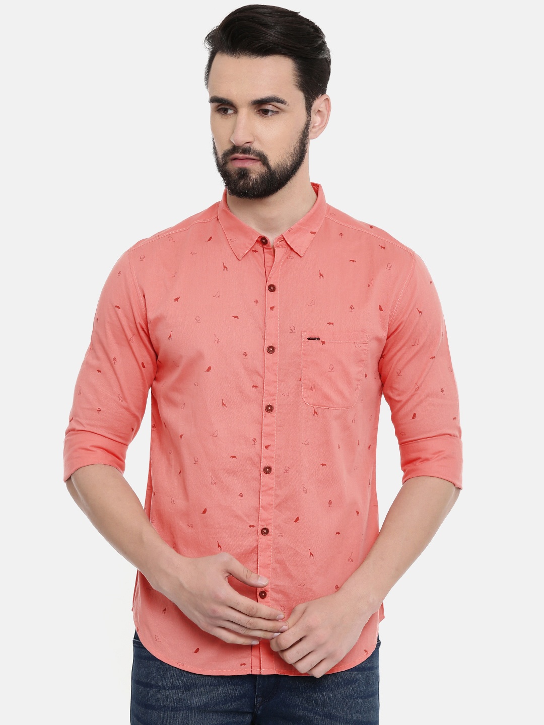 

SPYKAR Men Peach-Coloured Slim Fit Printed Casual Shirt