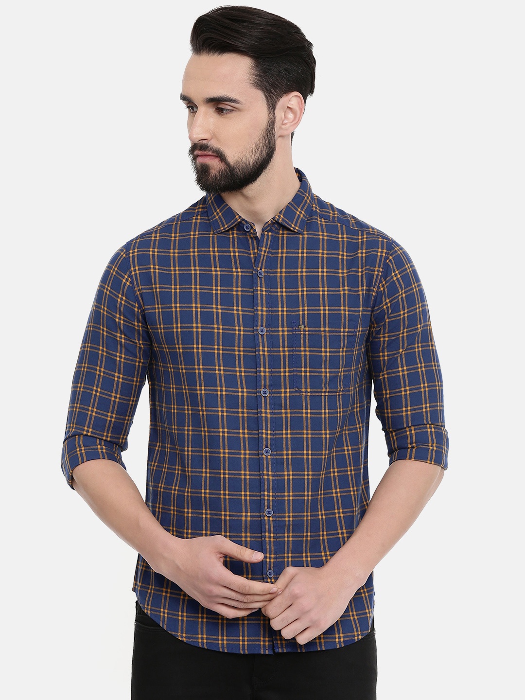 

SPYKAR Men Blue & Mustard Yellow Slim Fit Checked Casual Shirt