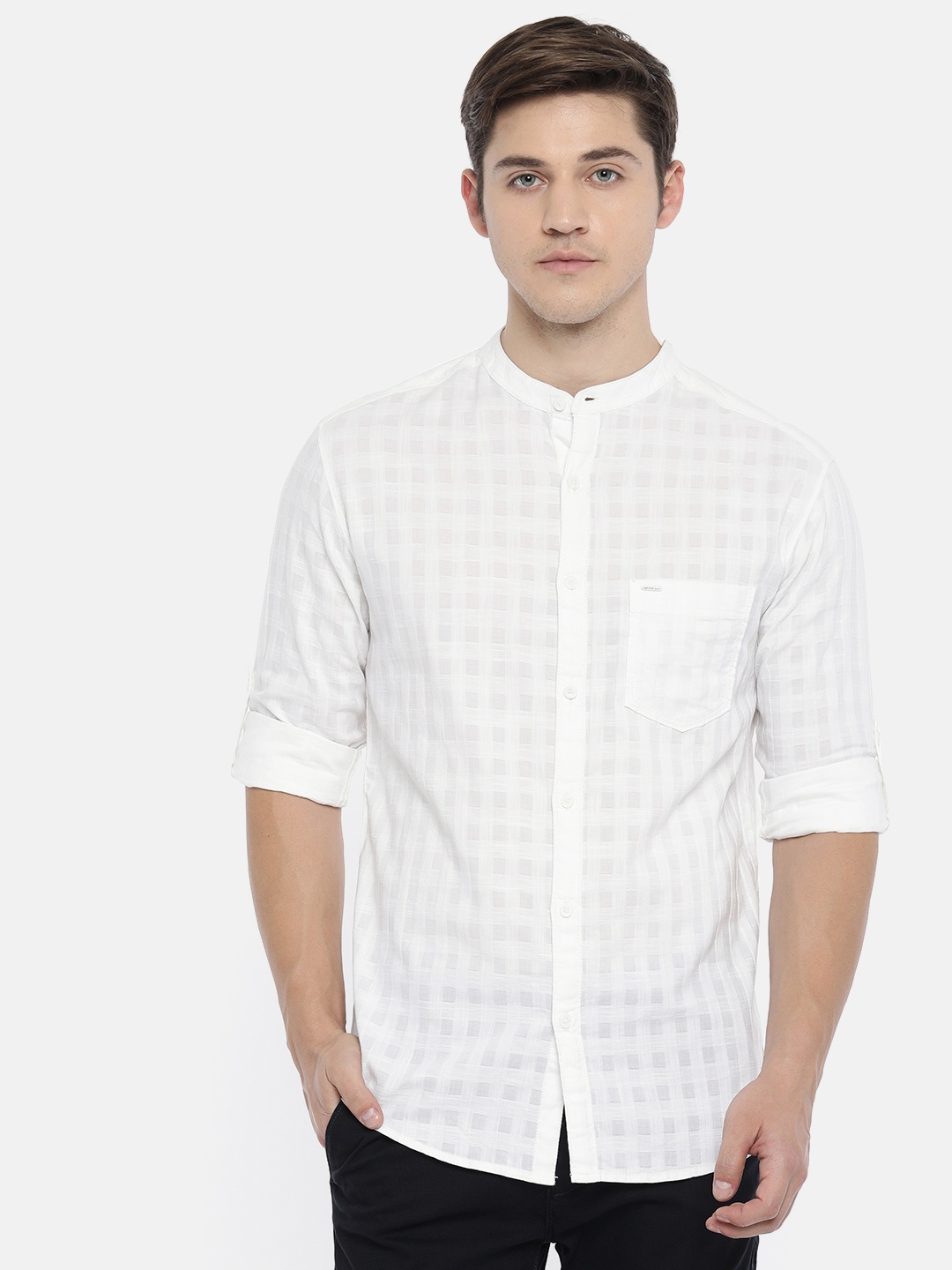 

SPYKAR Men White Slim Fit Self Checked Casual Shirt