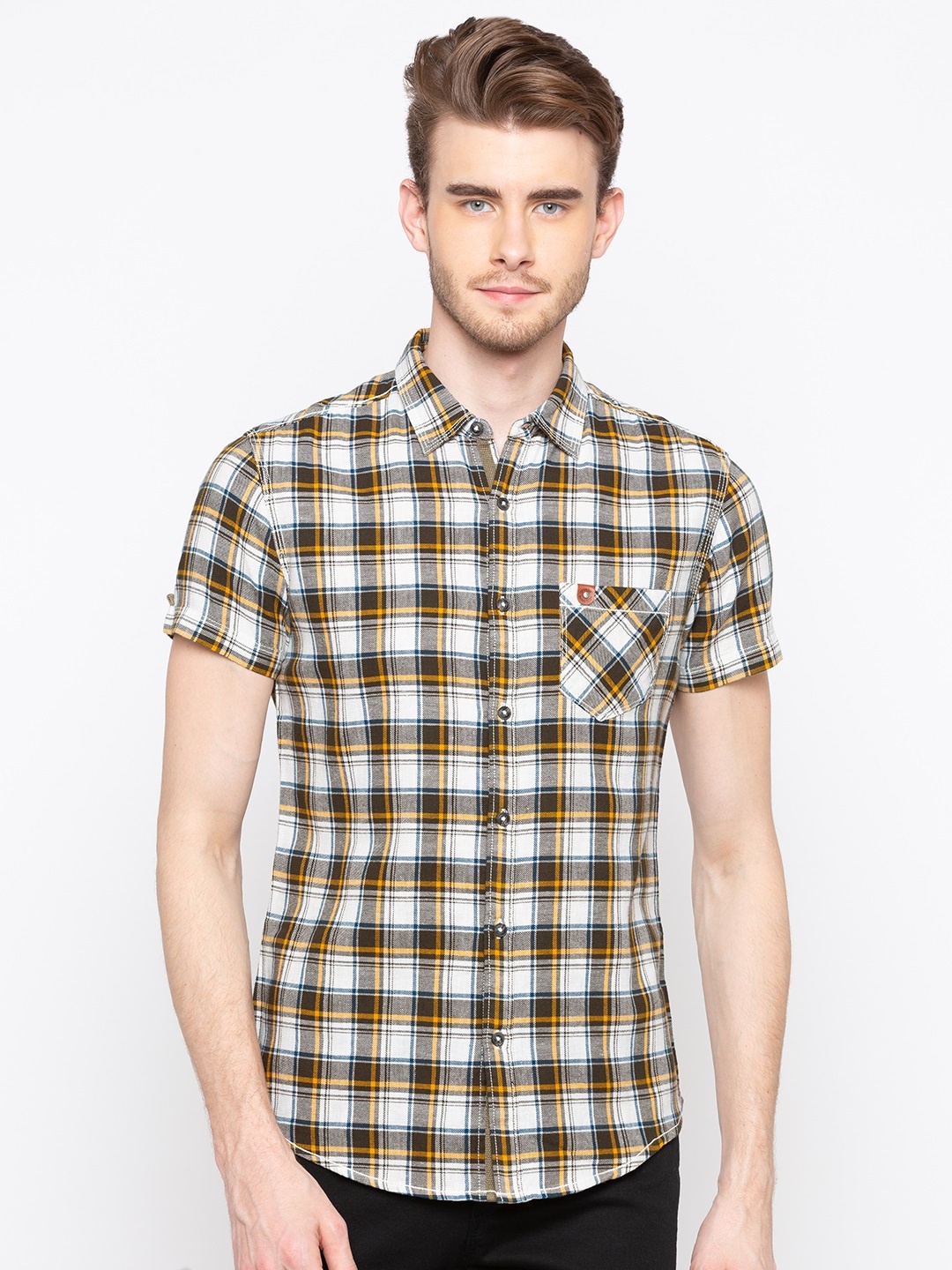 

SPYKAR Men Olive Green & White Slim Fit Checked Casual Shirt
