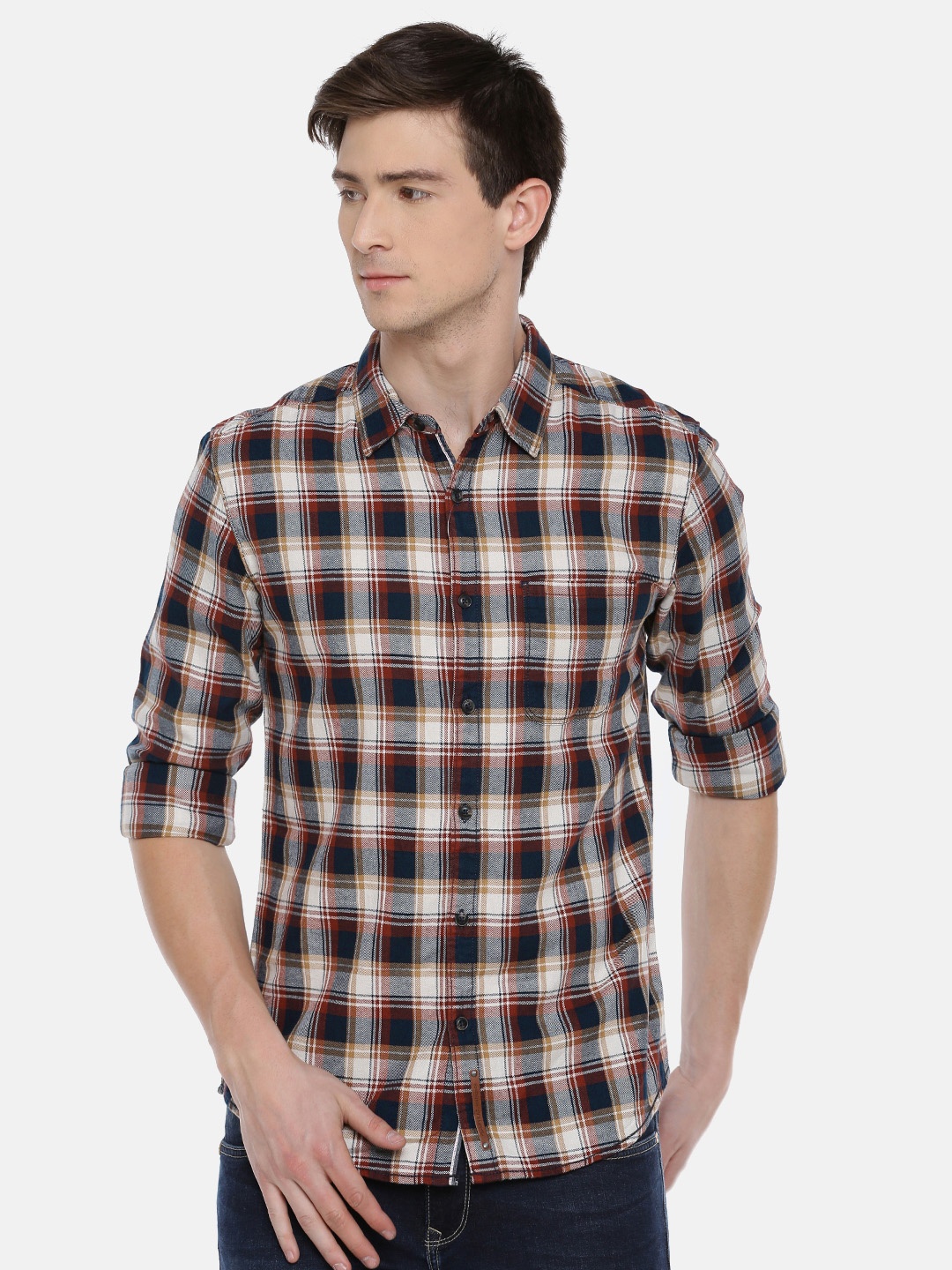 

SPYKAR Men Rust Red & Navy Blue Slim Fit Checked Casual Shirt