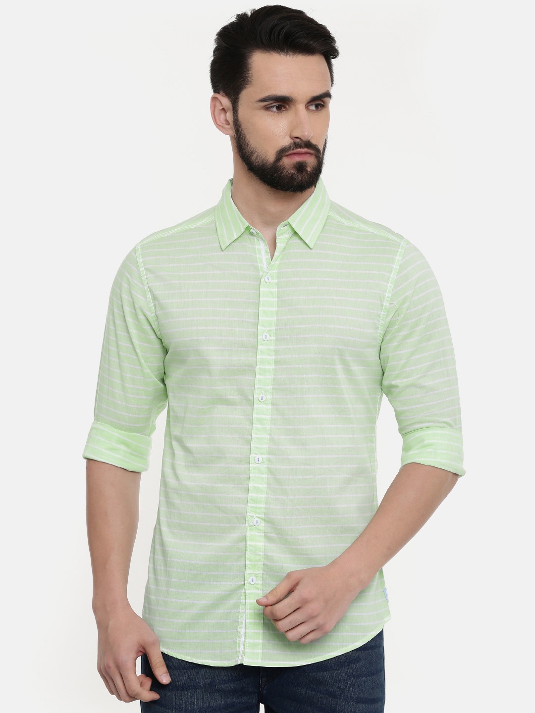 

SPYKAR Men Green Slim Fit Striped Casual Shirt
