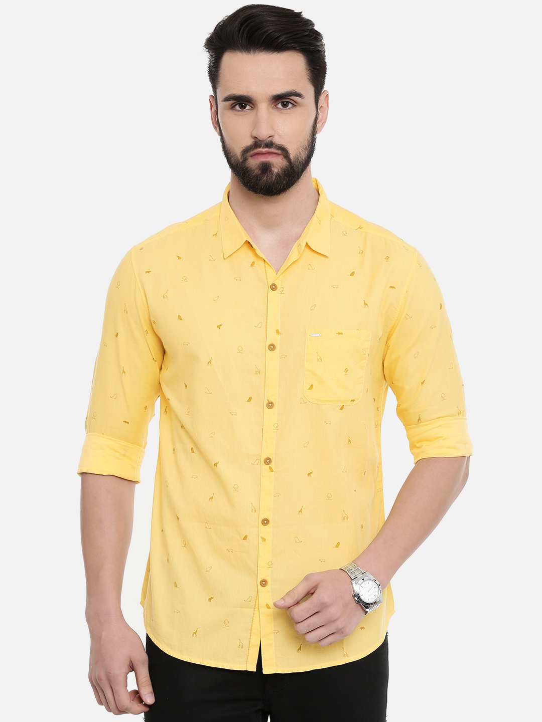 

SPYKAR Men Yellow Slim Fit Printed Casual Shirt