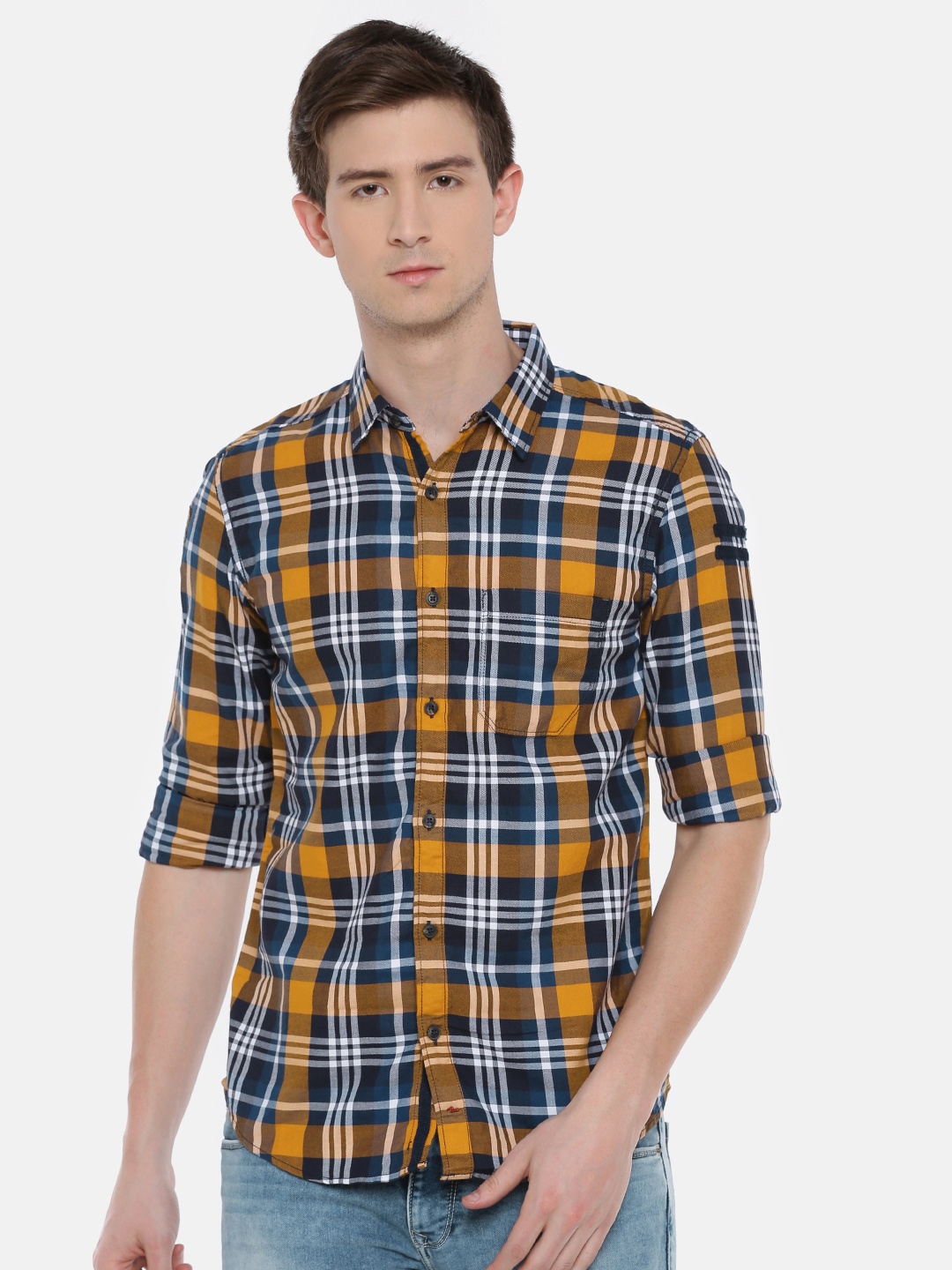 

SPYKAR Men Navy Blue & Khaki Regular Fit Checked Casual Shirt