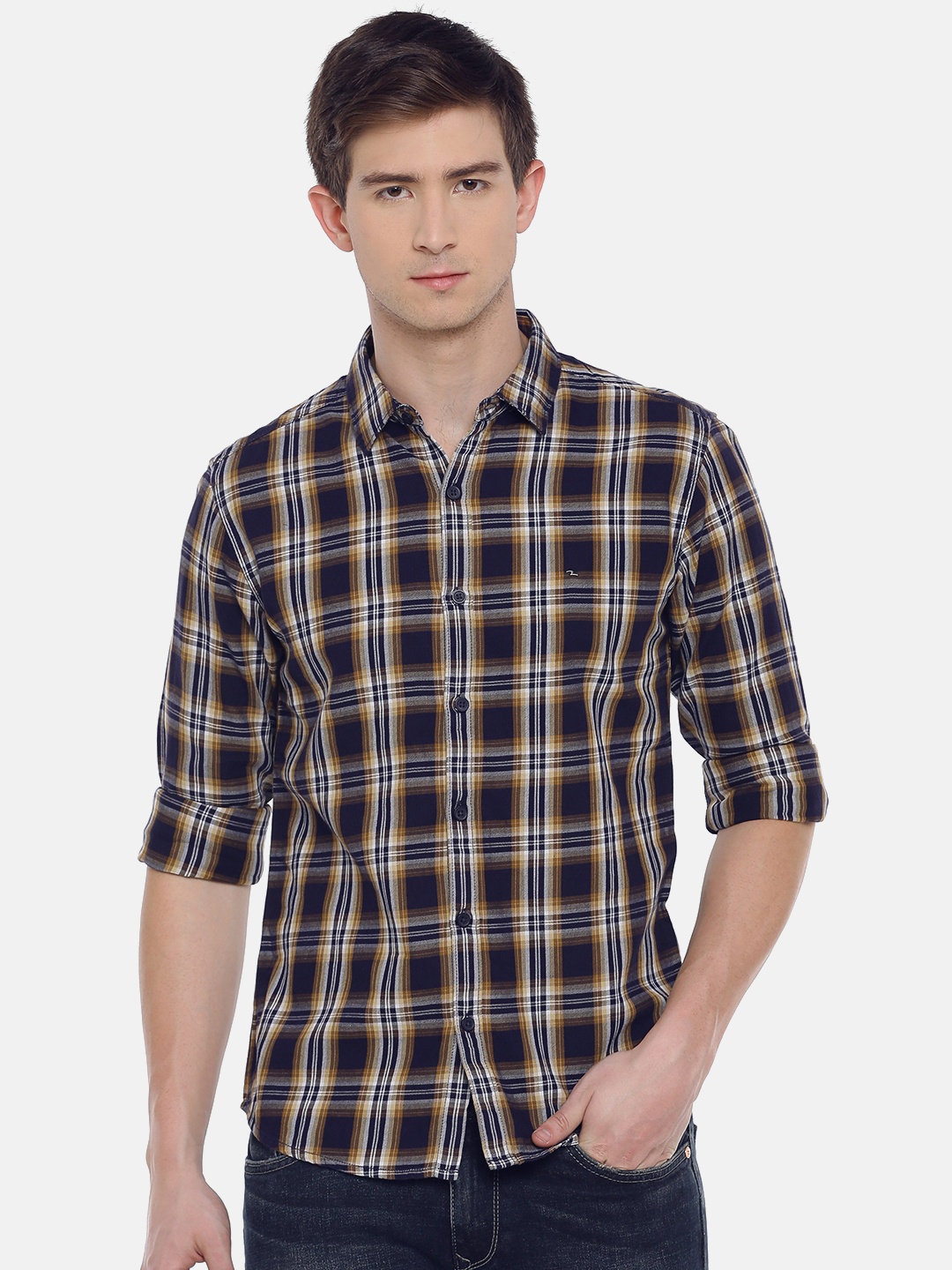 

SPYKAR Men Khaki & Navy Blue Slim Fit Checked Casual Shirt