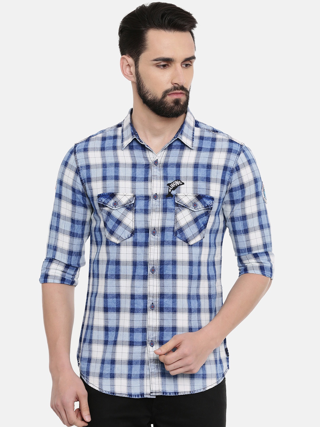 

SPYKAR Men Blue & White Slim Fit Checked Casual Shirt