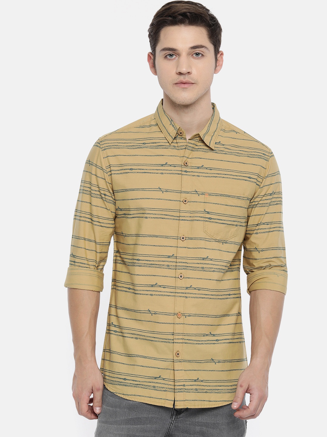 

SPYKAR Men Khaki & Blue Slim Fit Striped Casual Shirt