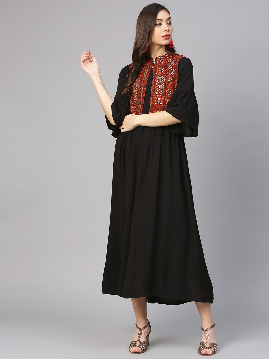 

Shree Women Black Solid Maxi Dress with Ethnic Jacket