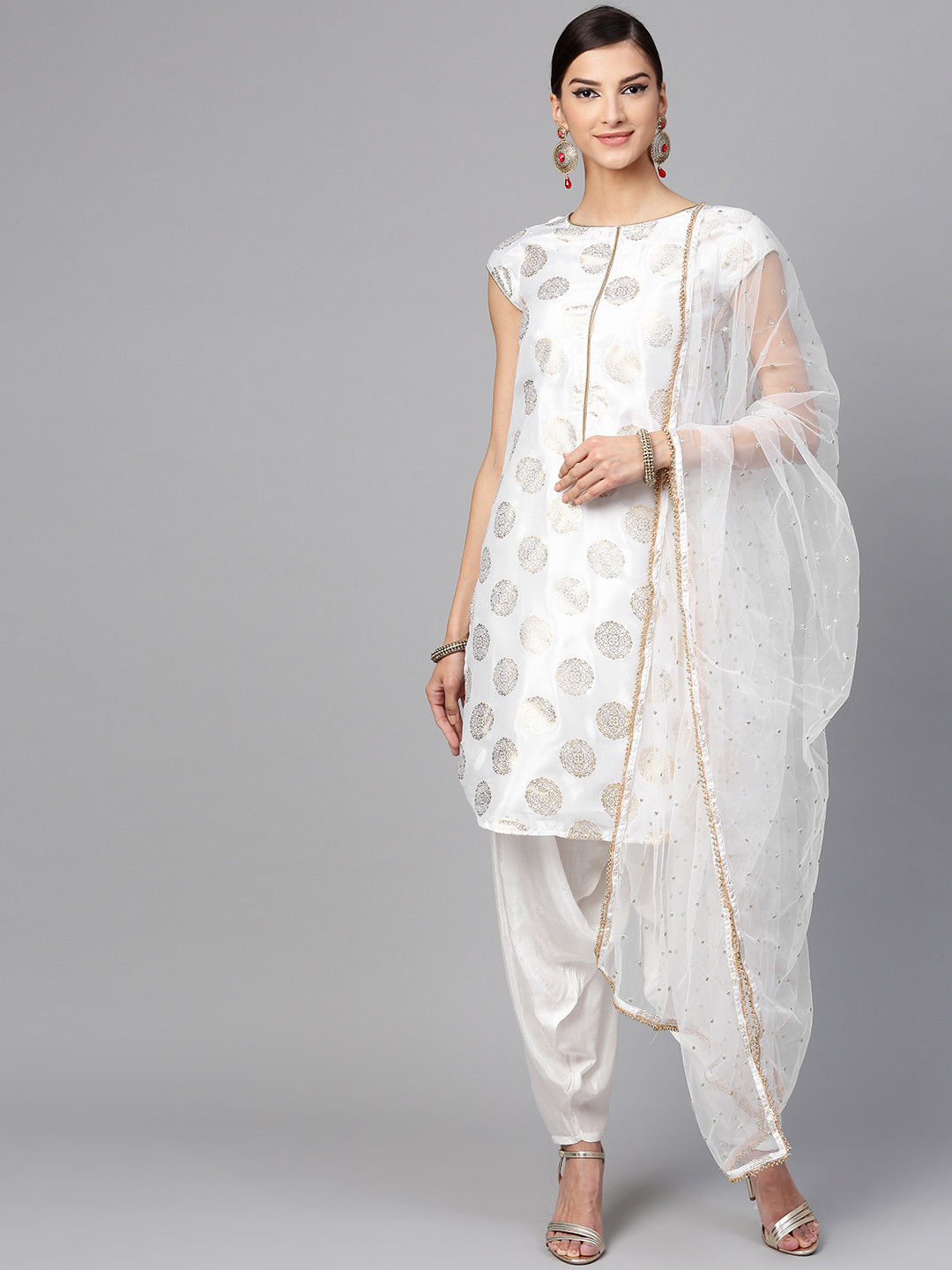 

Pannkh Women White & Golden Printed Kurta with Salwar & Dupatta