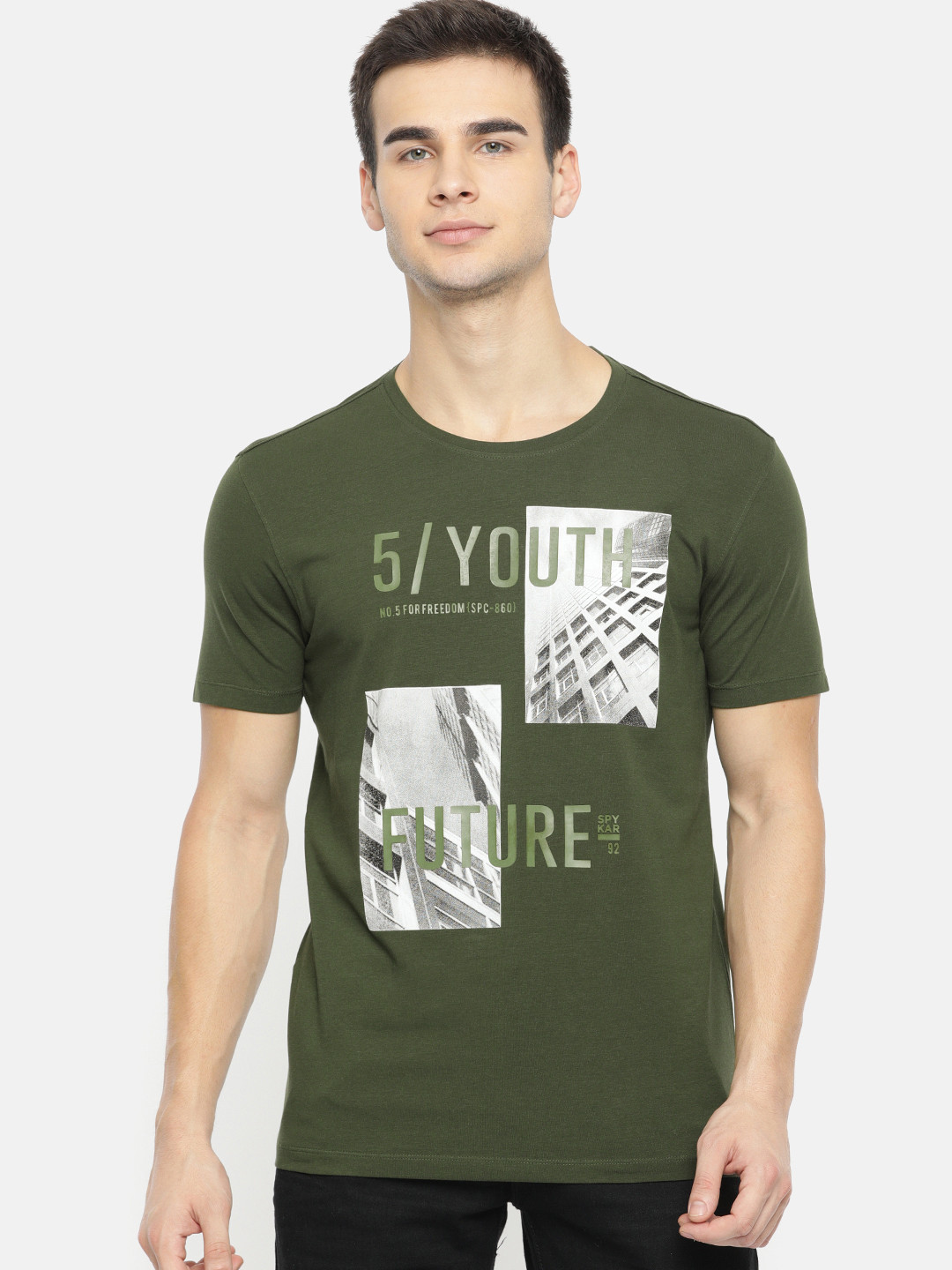 

SPYKAR Men Olive Green Printed Slim Fit Round Neck T-shirt