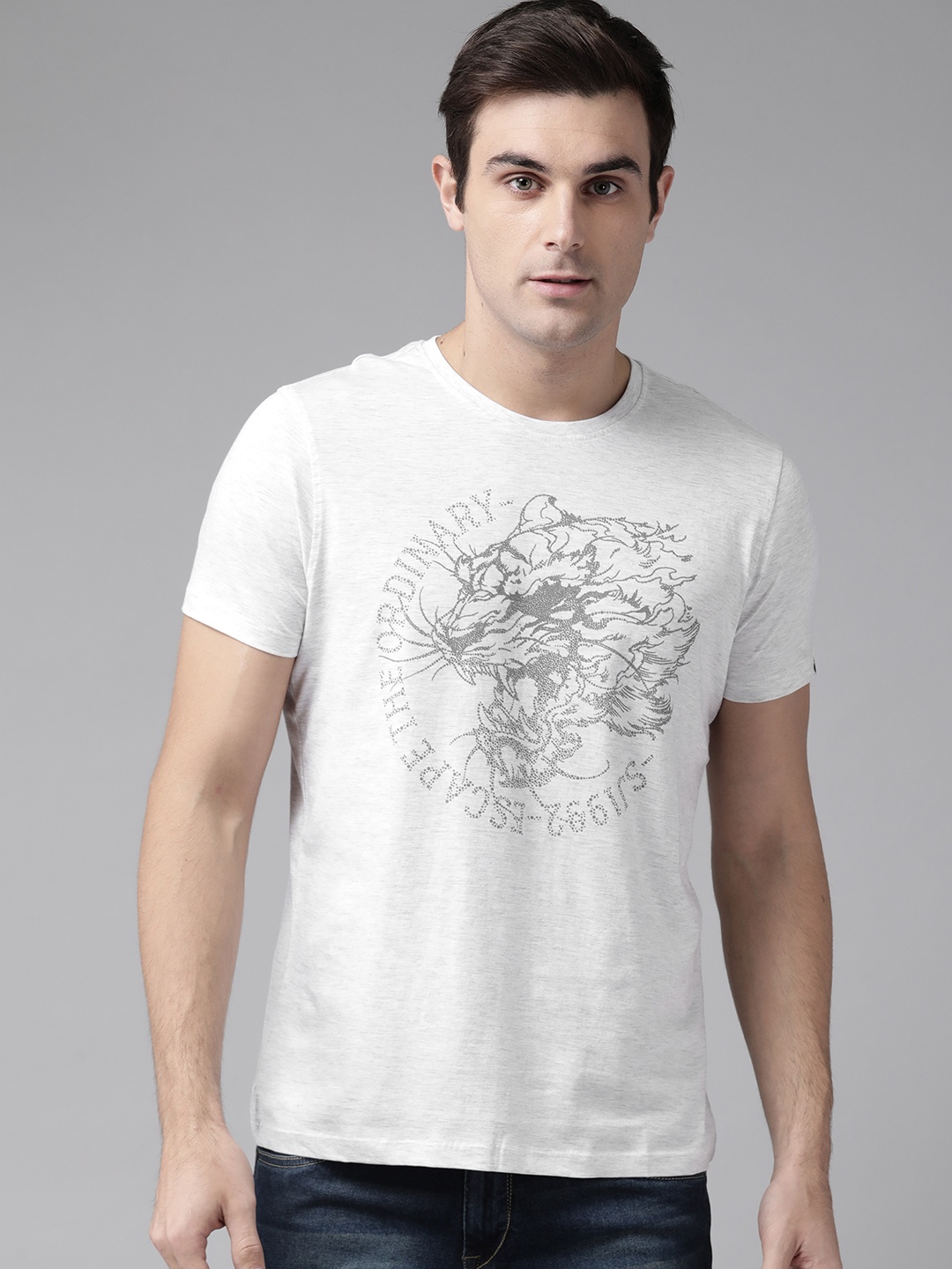 

SPYKAR Men Grey Melange Printed Round Neck T-shirt