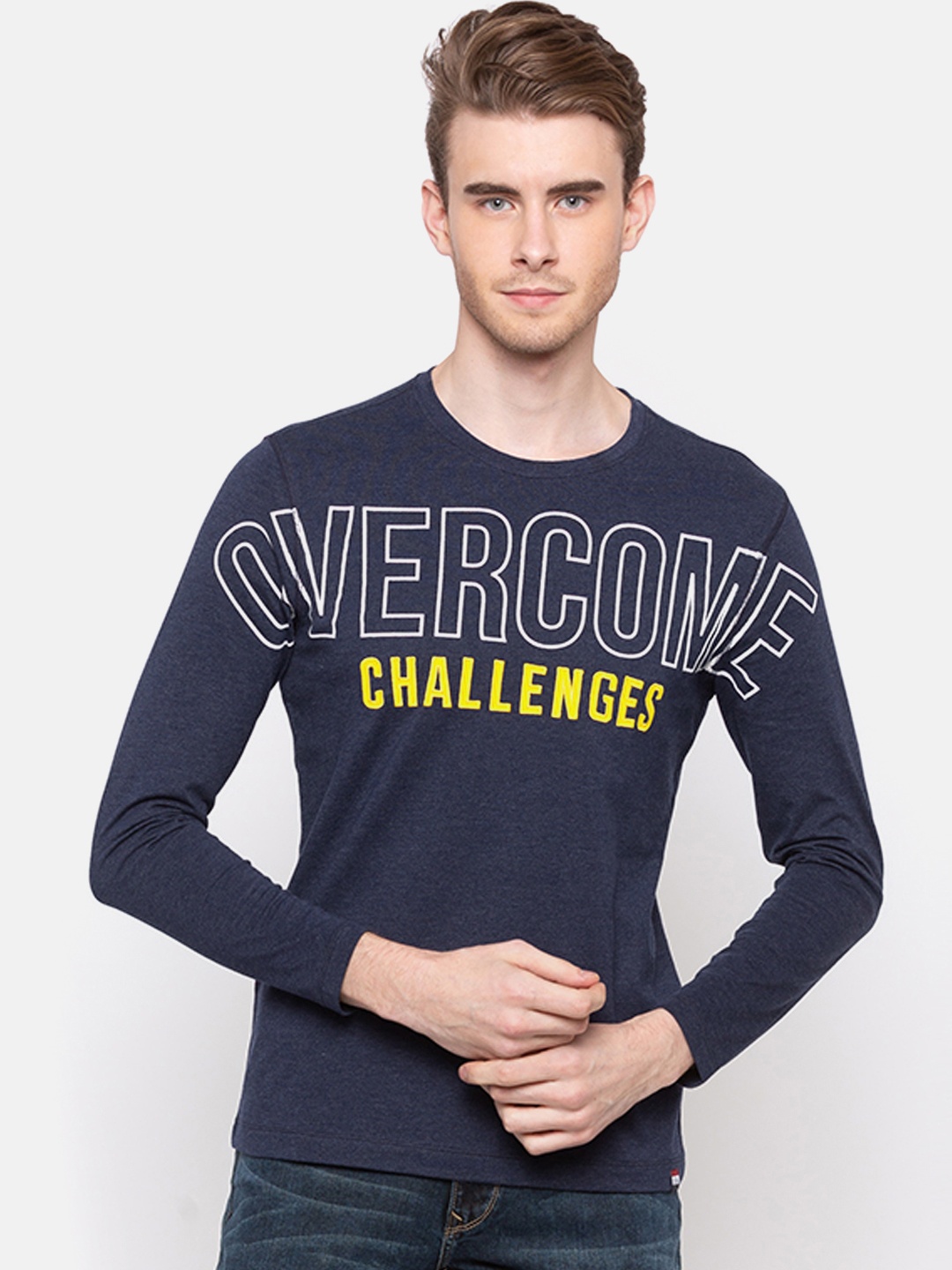 

SPYKAR Men Navy Blue Slim Fit Printed Round Neck T-shirt