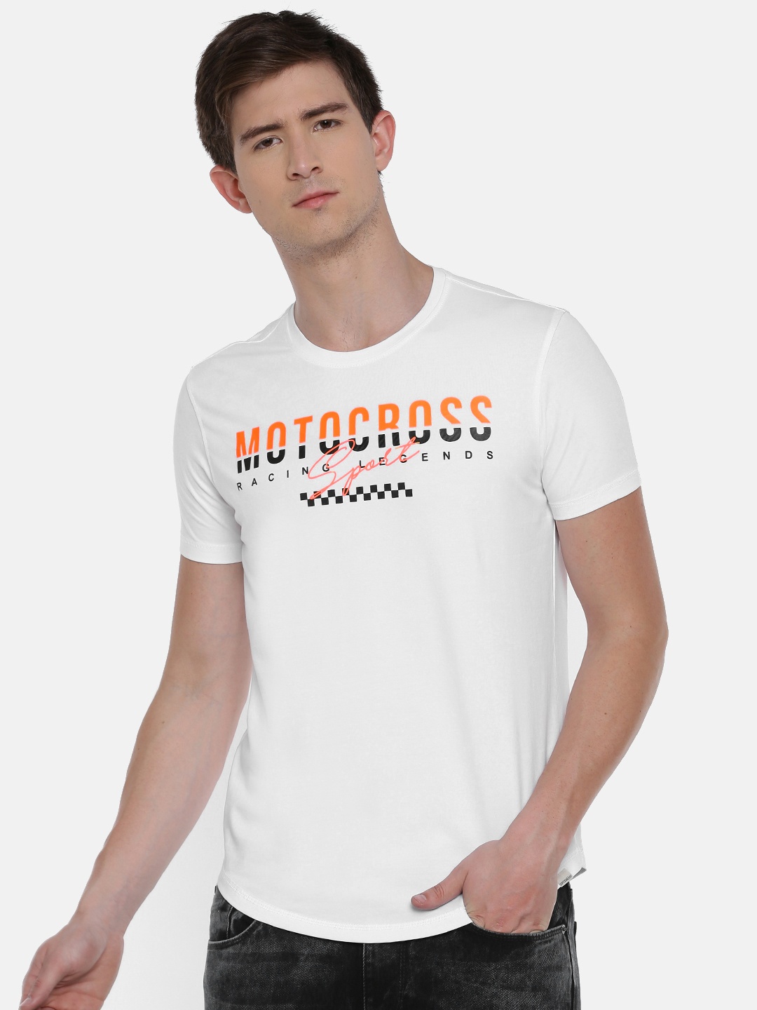 

SPYKAR Men White Printed Round Neck T-shirt