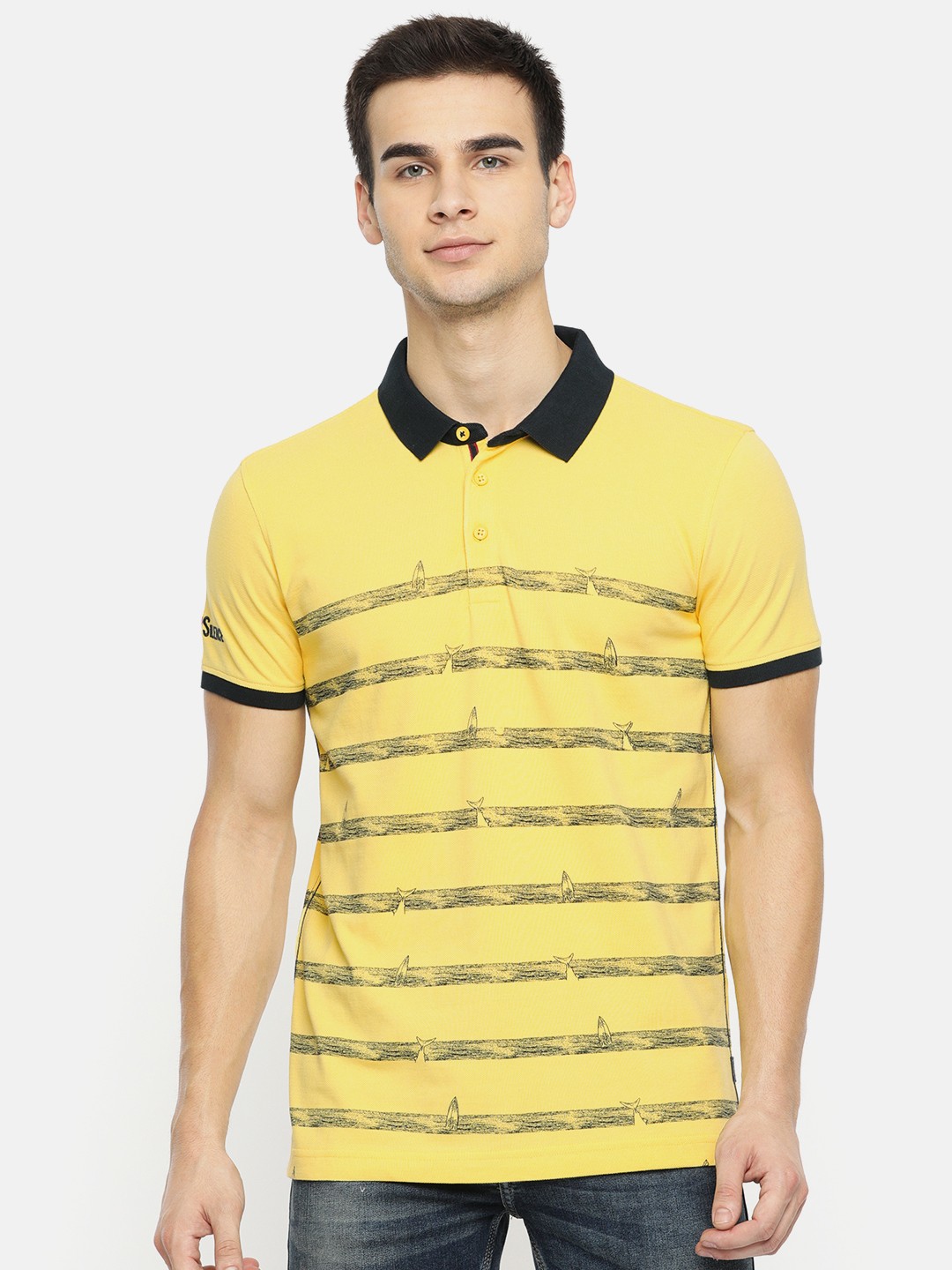 

SPYKAR Men Yellow Black Striped Polo Collar Pure Cotton T-shirt