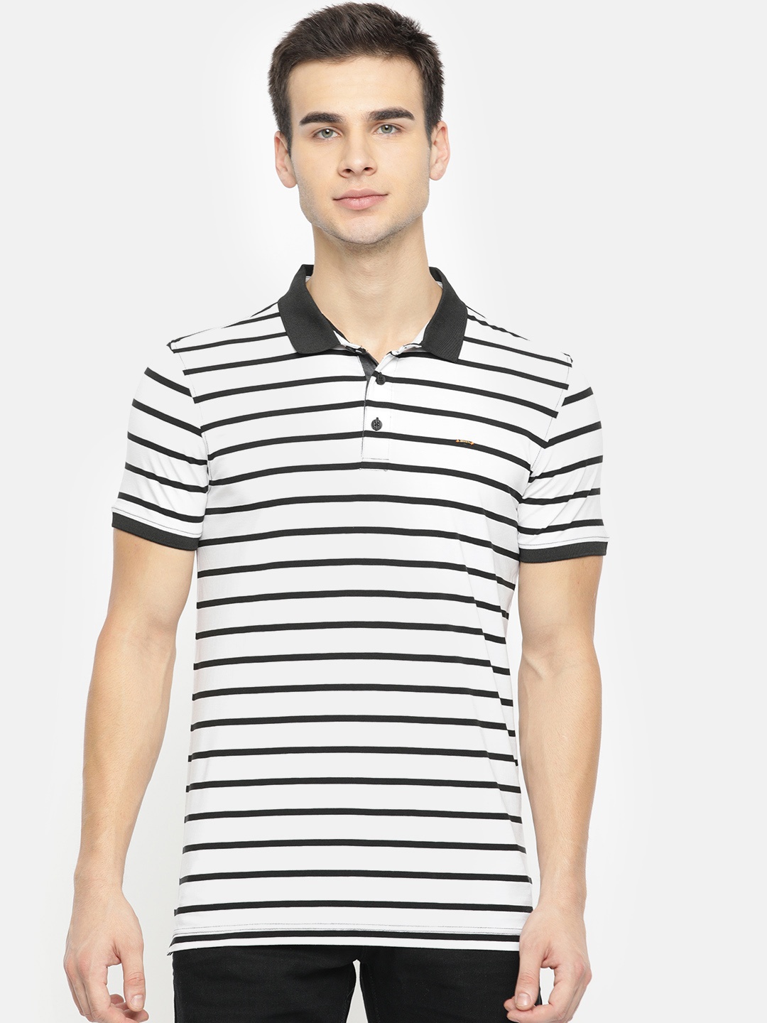 

SPYKAR Men White & Black Striped Slim Fit Polo Collar T-shirt