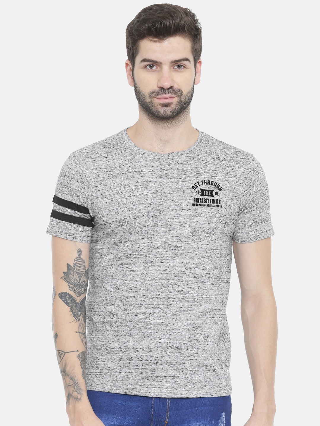 

SPYKAR Men Grey Self Design Round Neck T-shirt