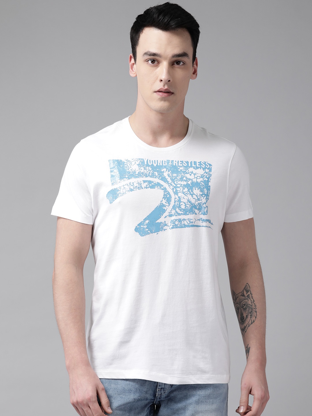 

SPYKAR Men White Blue Printed Round Neck Pure Cotton T-shirt