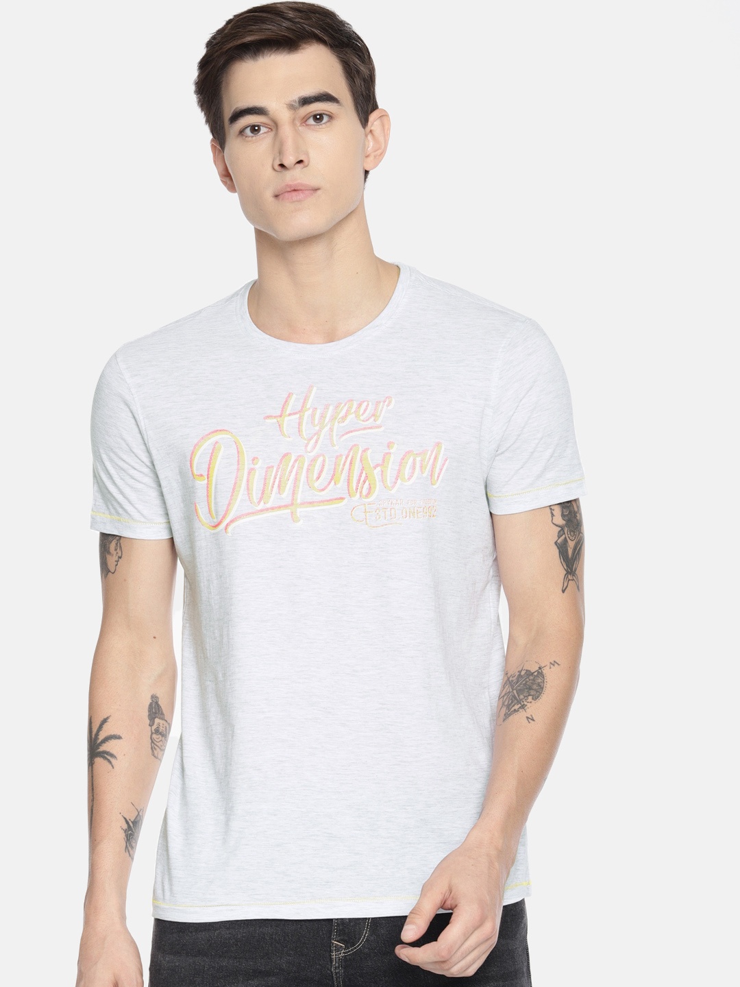 

SPYKAR Men Grey Printed Round Neck Pure Cotton T-shirt