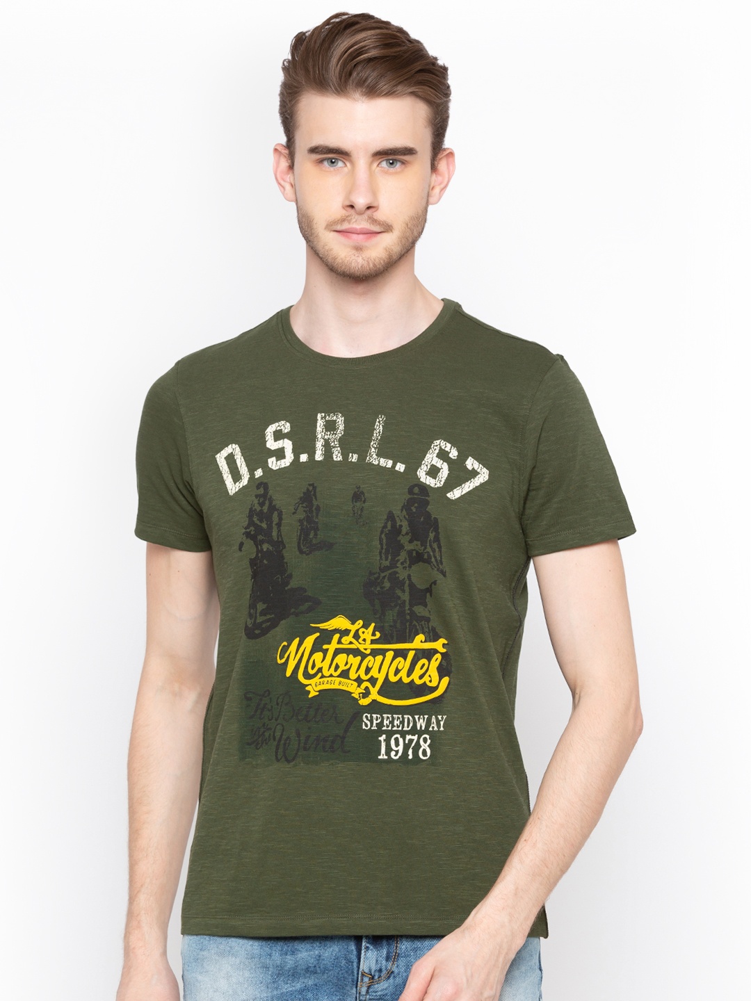

SPYKAR Men Olive Green Printed Round Neck T-shirt