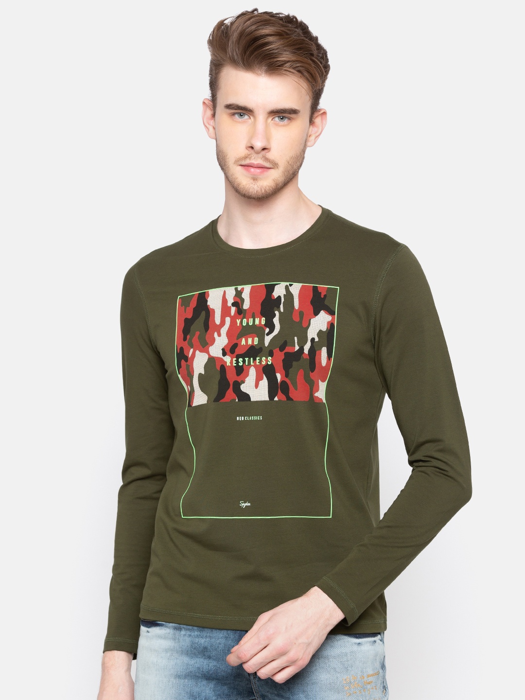 

SPYKAR Men Olive Green Slim Fit Printed Round Neck T-shirt