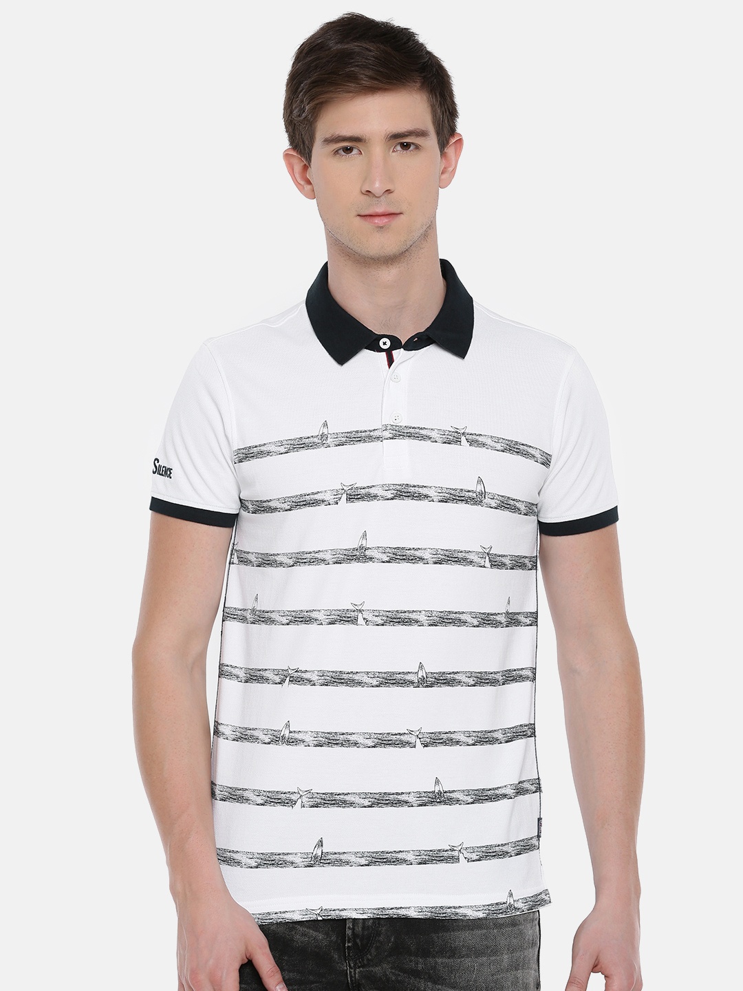 

SPYKAR Men White Navy Blue Striped Polo Collar Pure Cotton T-shirt
