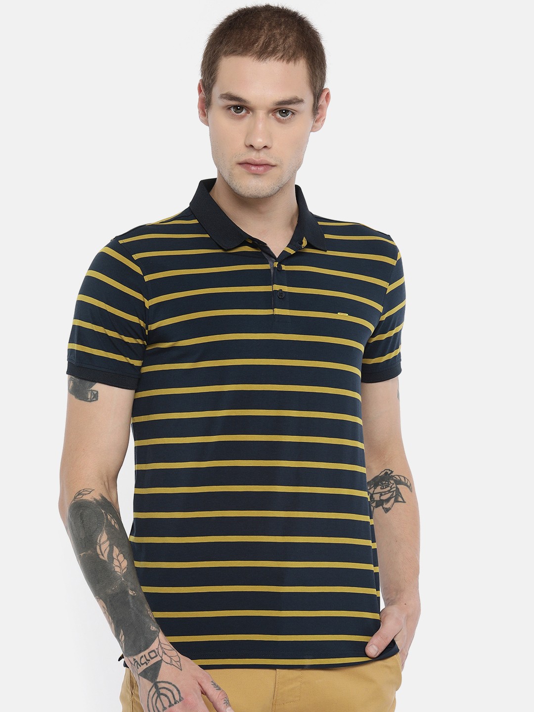

SPYKAR Men Navy Blue & Mustard Yellow Striped Slim Fit Polo Collar T-shirt