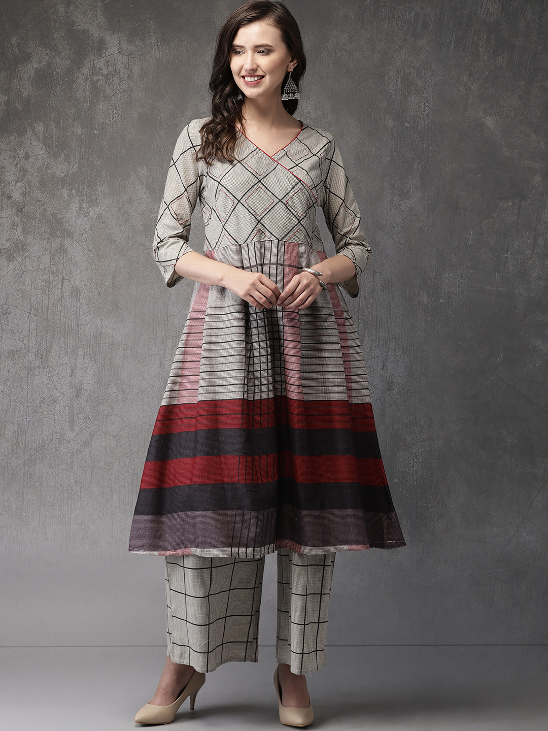 

Anouk Women Off-White & Grey Printed Angrakha Kurta with Palazzos