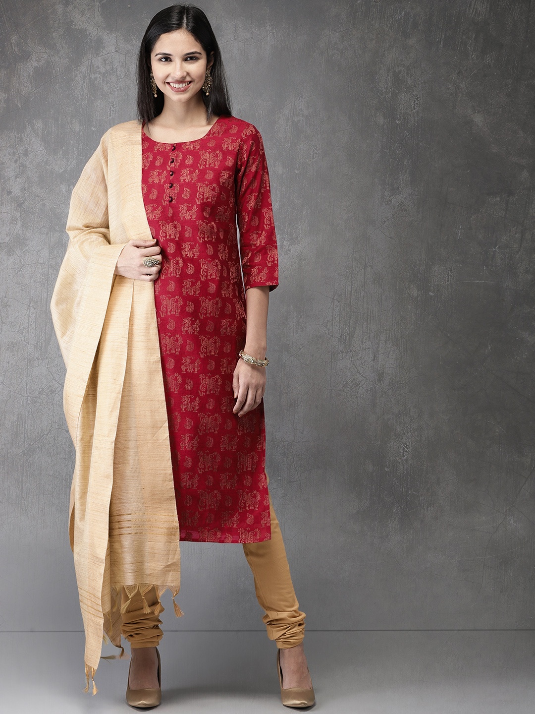 

Anouk Women Maroon & Gold-Toned Printed Kurta with Churidar & Dupatta