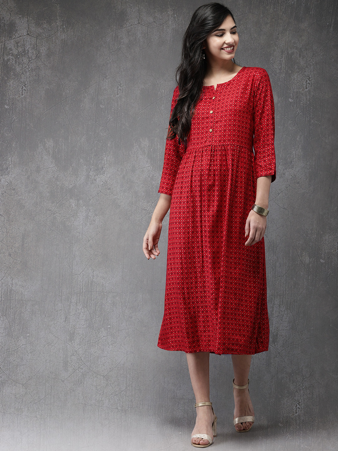 

Anouk Women Red Printed A-Line Dress