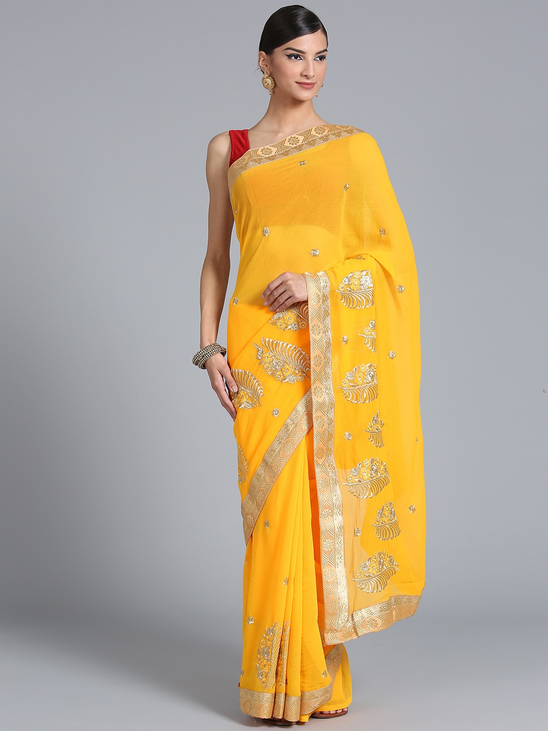 

Chhabra 555 Yellow & Golden Embroidered Saree