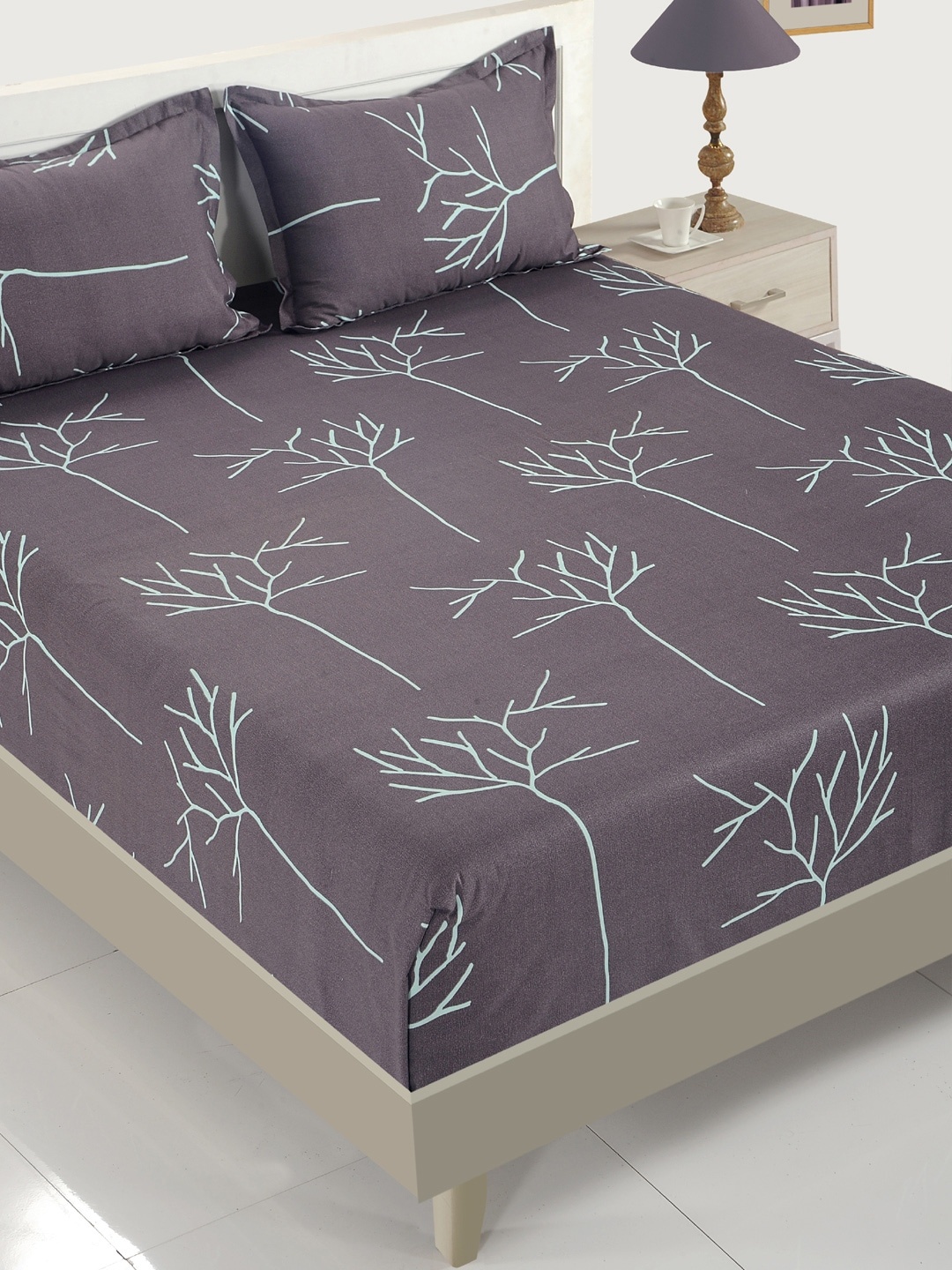 

SWAYAM Charcoal Floral Flat 200 TC Cotton 1 King Bedsheet with 2 Pillow Covers