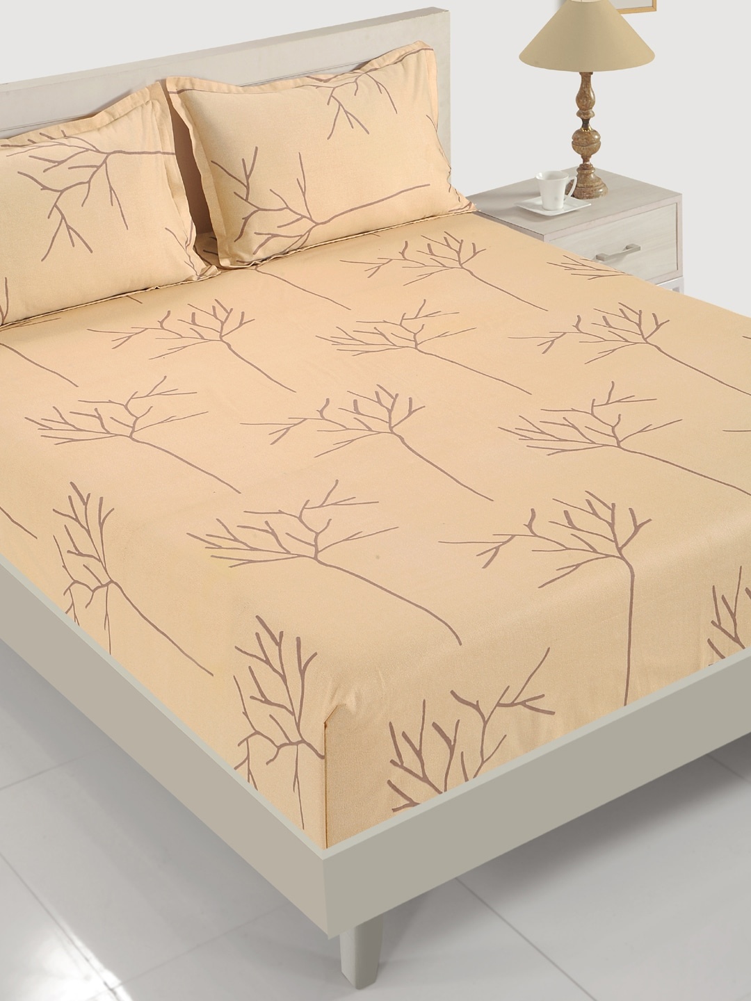 

SWAYAM Peach-Coloured & Coffee Brown Abstract Fitted 200 TC Cotton 1 Queen Bedsheet with 2 Pillow Covers