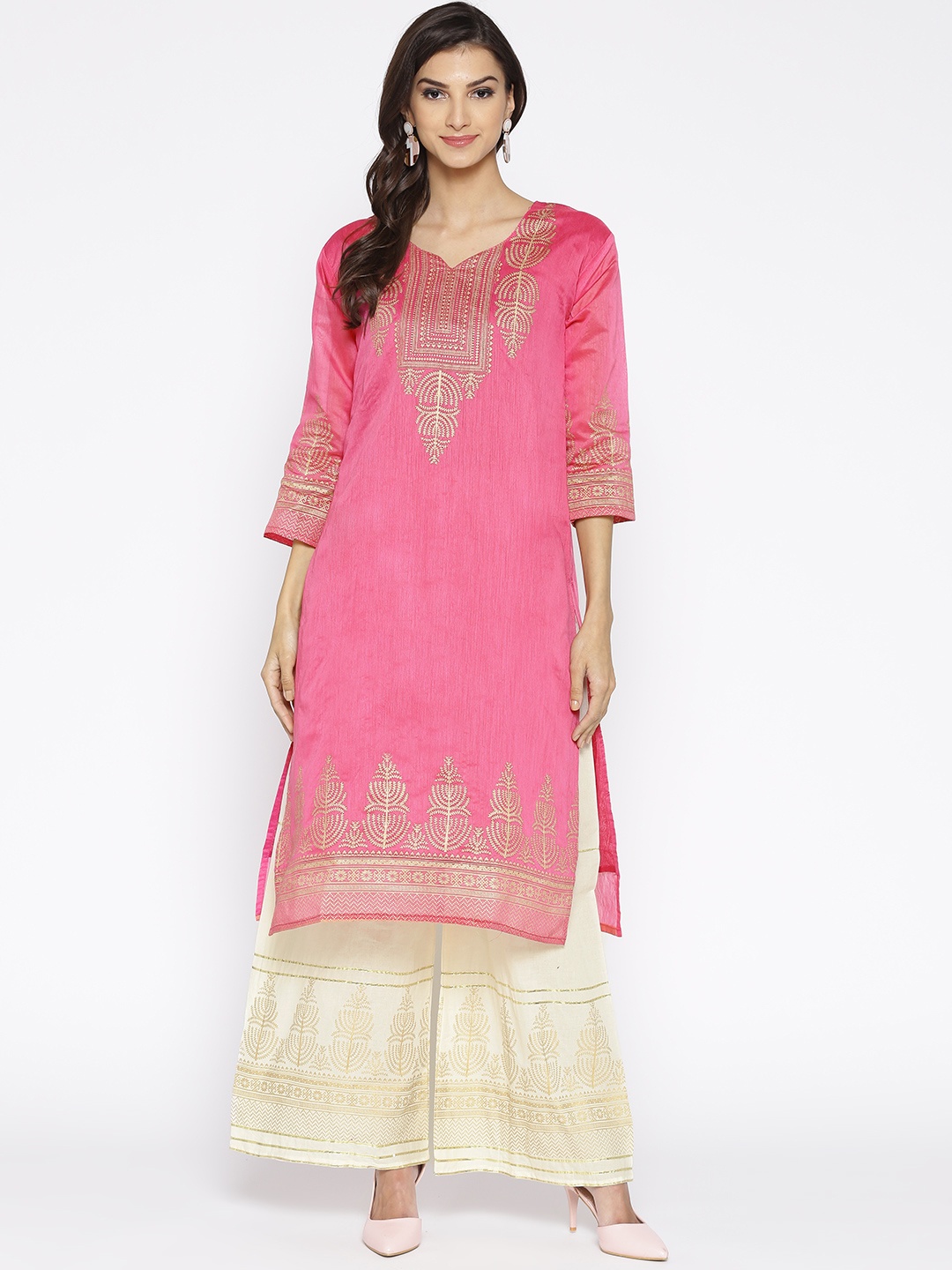 

Chhabra 555 Women Pink & Off-White Yoke Design Kurta with Palazzos