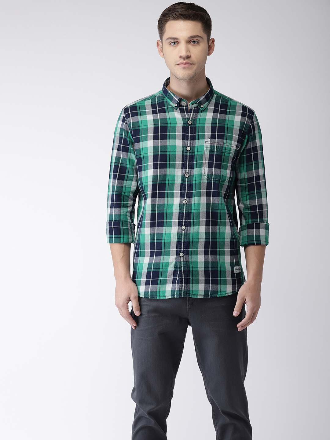 

Flying Machine Men Green & Navy Blue Slim Fit Checked Casual Shirt