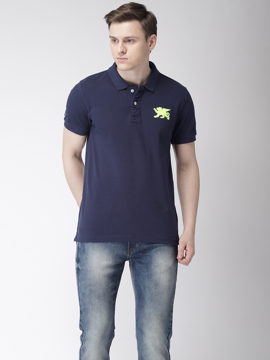 

Flying Machine Men Navy Blue Solid Polo Collar Pure Cotton T-shirt