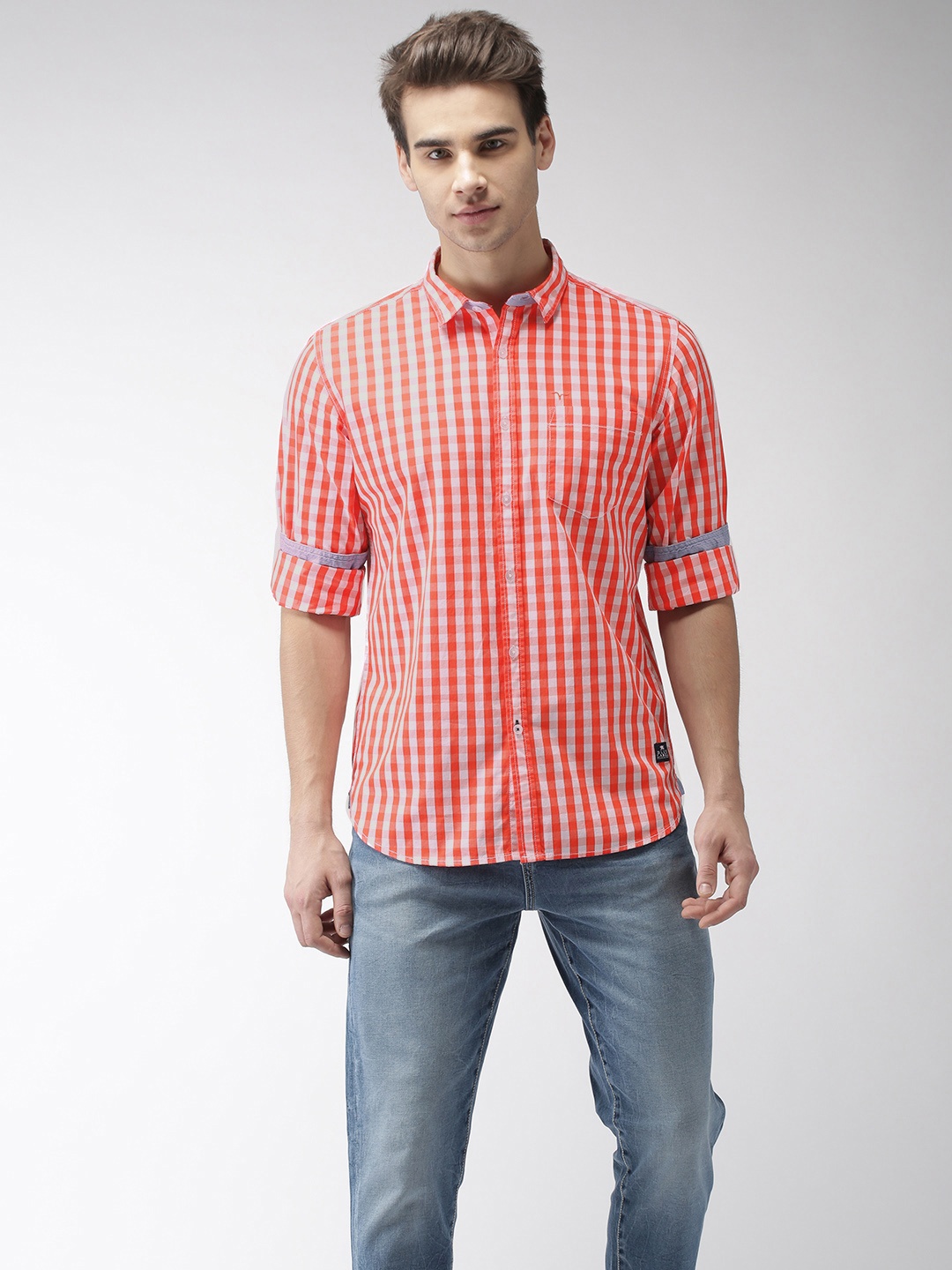

Flying Machine Men Orange & White Regular Fit Checked Casual Shirt