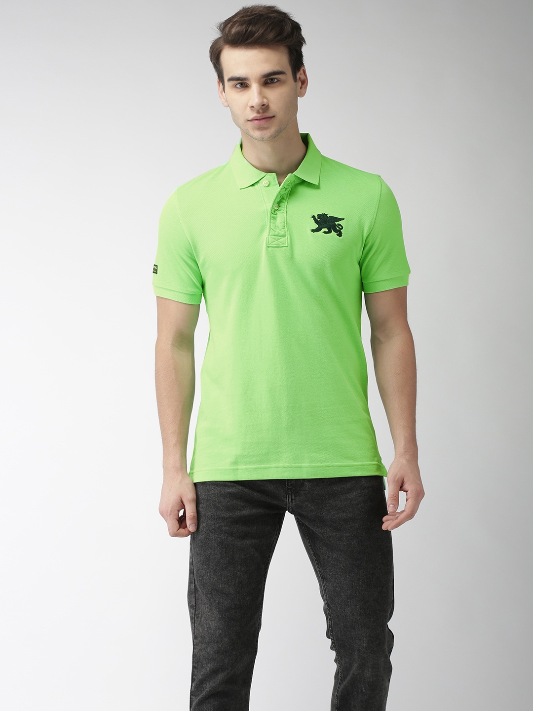 

Flying Machine Men Green Solid Polo Collar Pure Cotton T-shirt