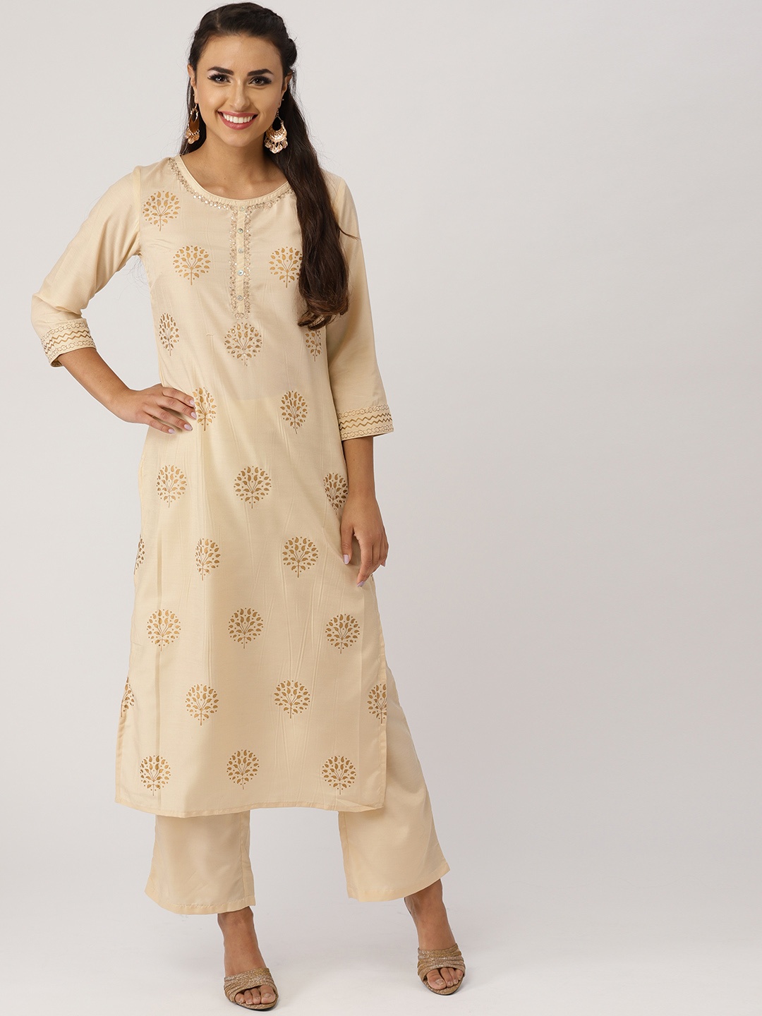 

IMARA Women Beige & Golden Printed Kurta with Palazzos