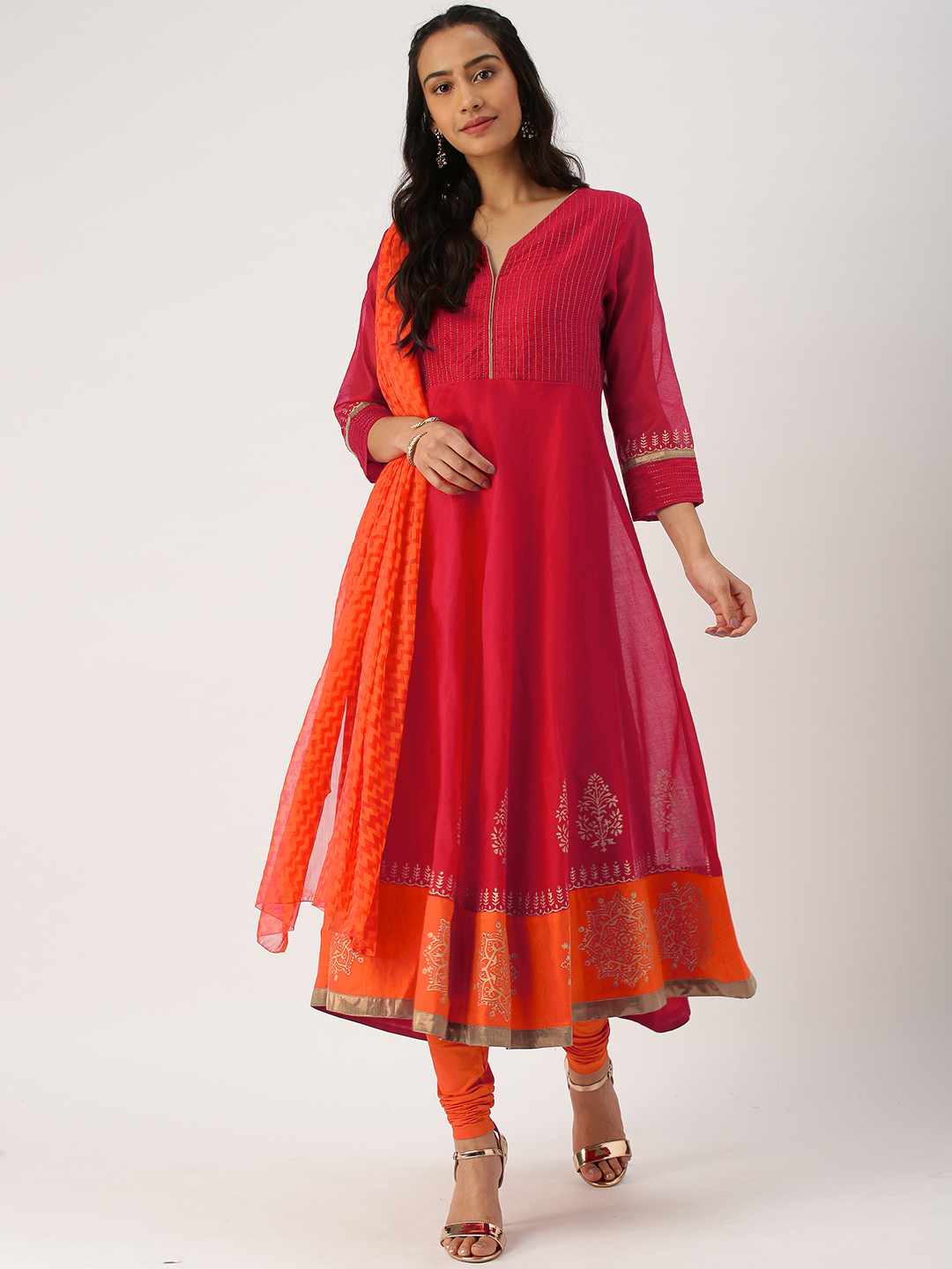 

IMARA Women Pink & Orange Printed Kurta with Churidar & Dupatta