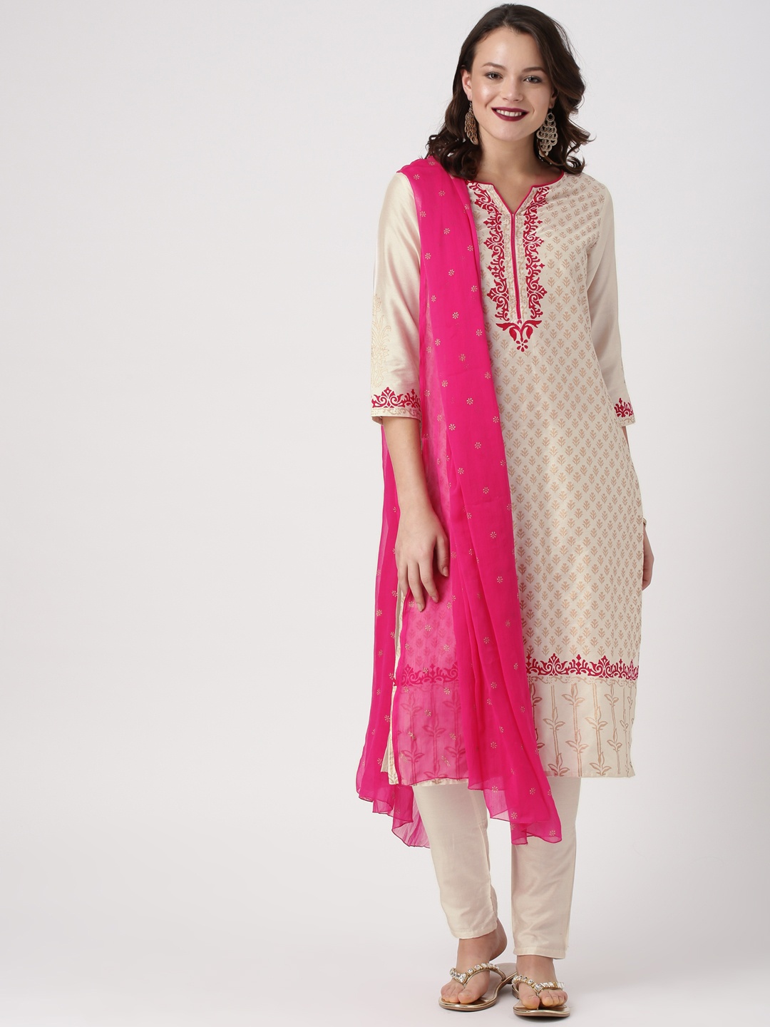 

IMARA Women Cream-Coloured & Printed Kurta with Trousers & Dupatta