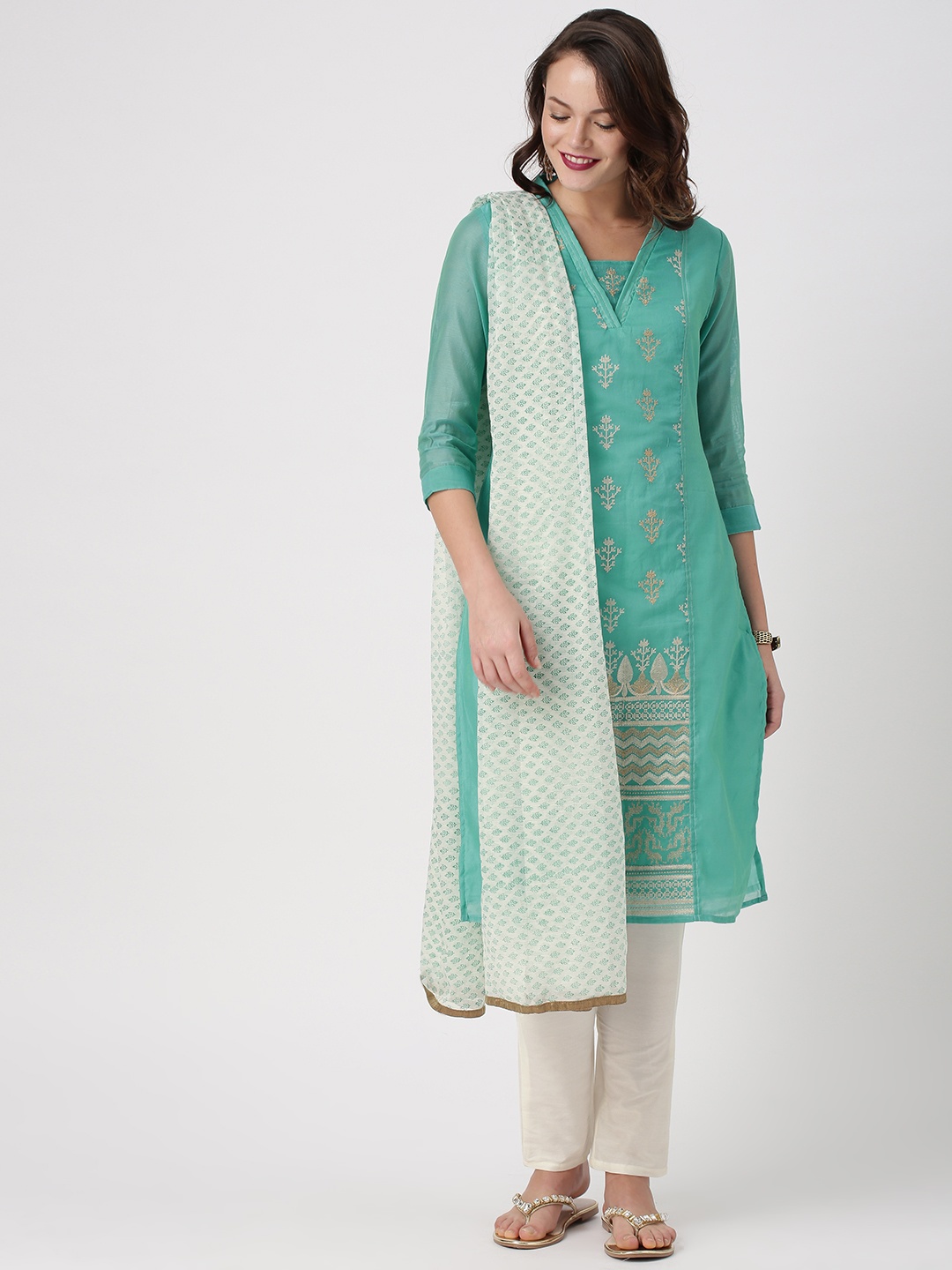 

IMARA Women Green & Cream-Coloured Self Design Kurta with Churidar & Dupatta