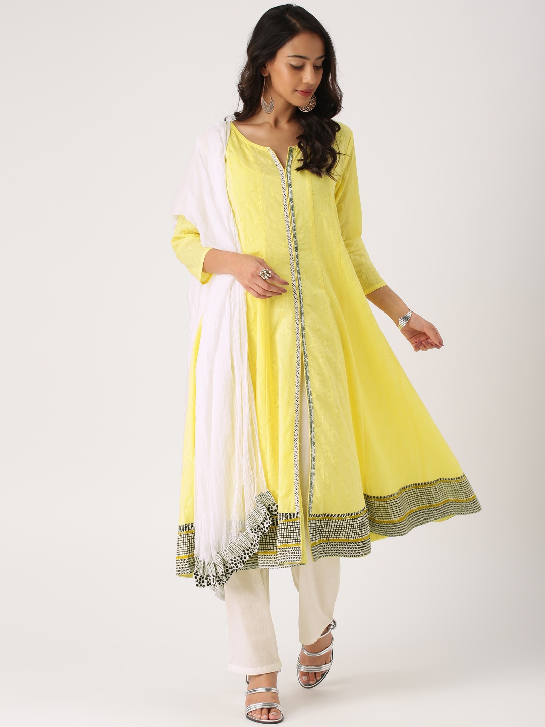 

IMARA Women Yellow & White Printed Kurta with Trousers & Dupatta