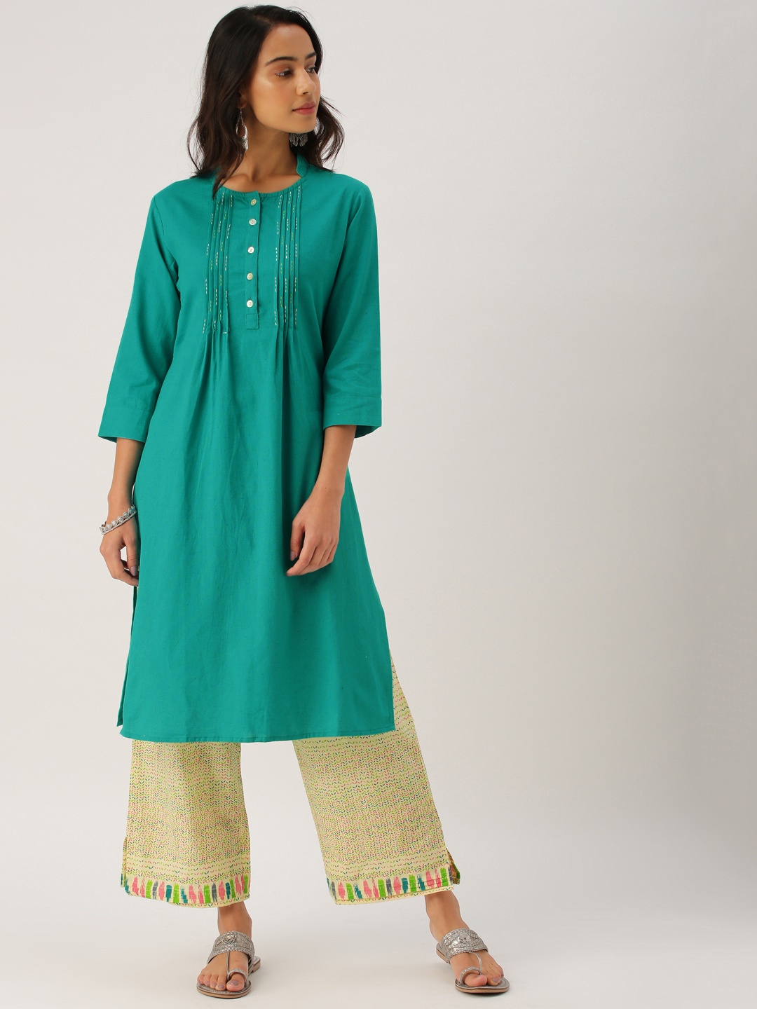 

IMARA Women Teal Green & Cream-Coloured Solid Kurta with Trousers