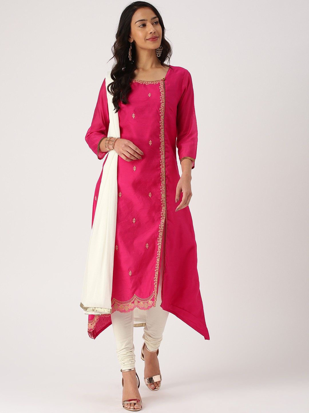 

IMARA Women Pink & Off-White Embroidered Kurta with Churidar & Dupatta