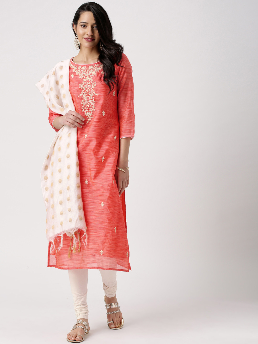 

IMARA Women Peach-Coloured & Off-White Emrboidered Kurta with Churidar & Dupatta